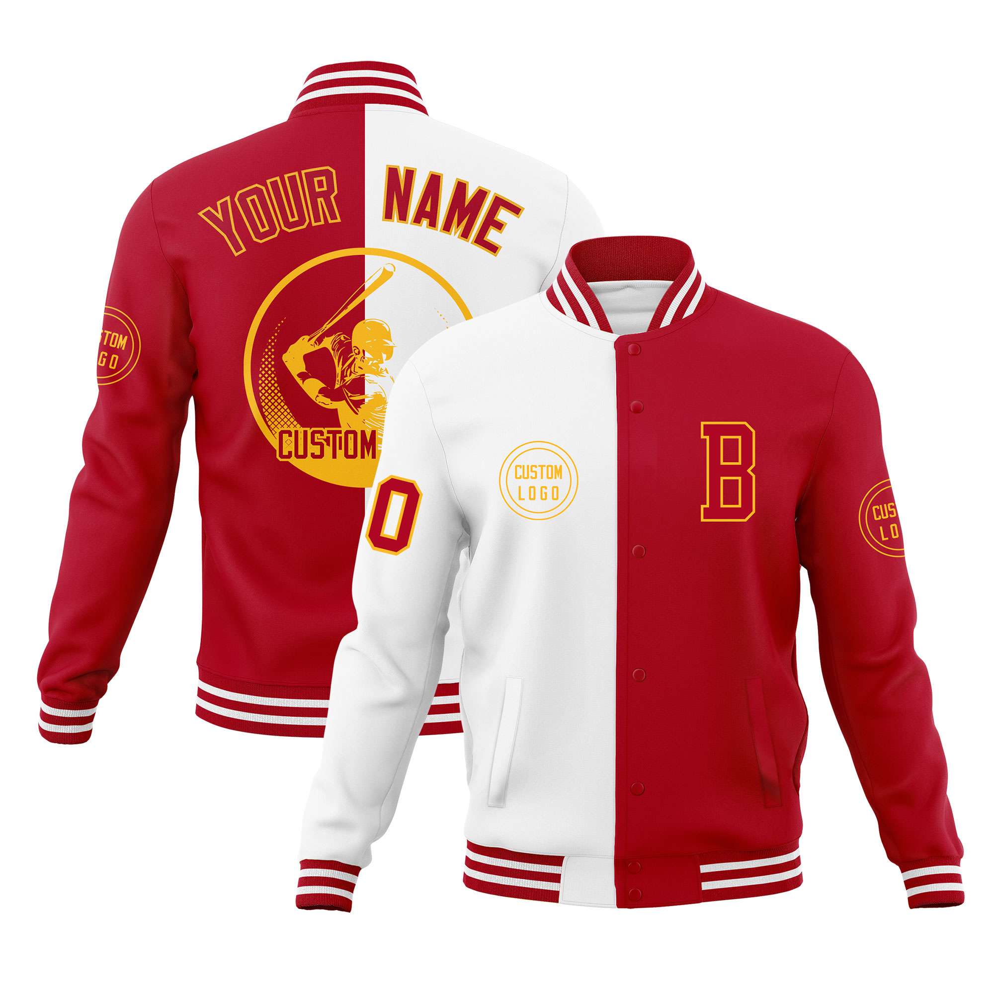 Custom White Red Varsity Full-Snap Split Letterman Baseball Jacket