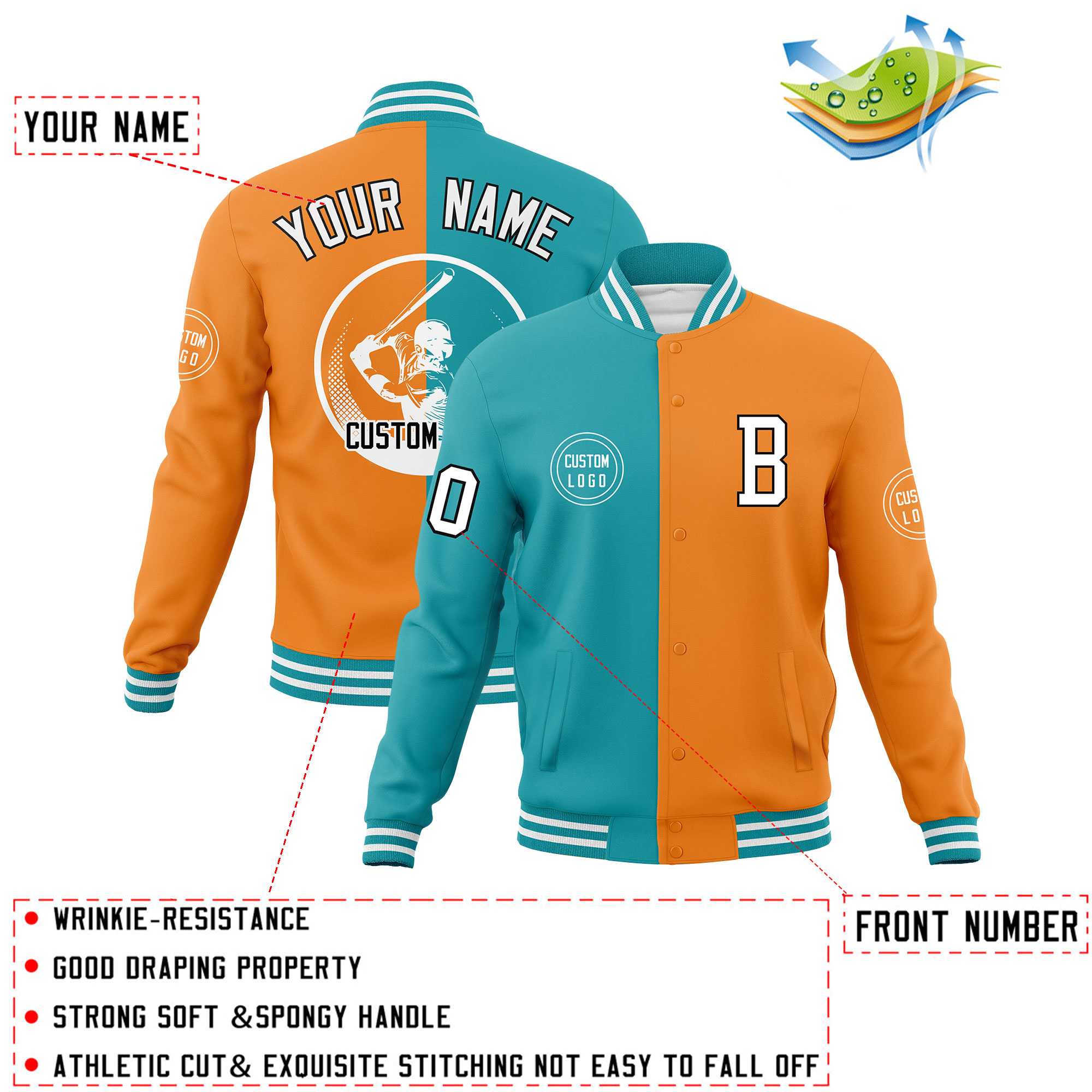 Custom Aqua Orange Varsity Full-Snap Split Letterman Baseball Jacket