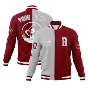 Custom Gray Crimson Varsity Full-Snap Split Letterman Baseball Jacket