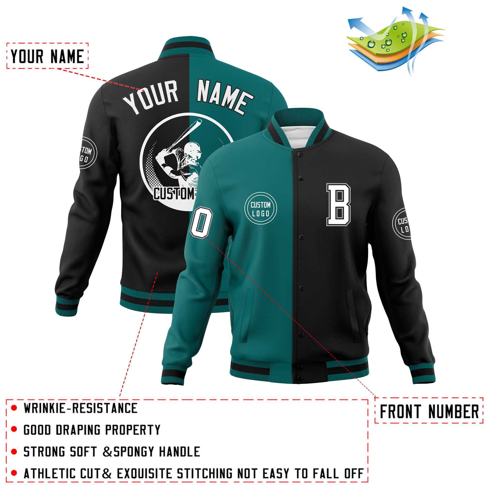 Custom Aqua Black Varsity Full-Snap Split Letterman Baseball Jacket