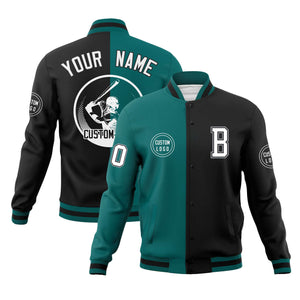 Custom Aqua Black Varsity Full-Snap Split Letterman Baseball Jacket