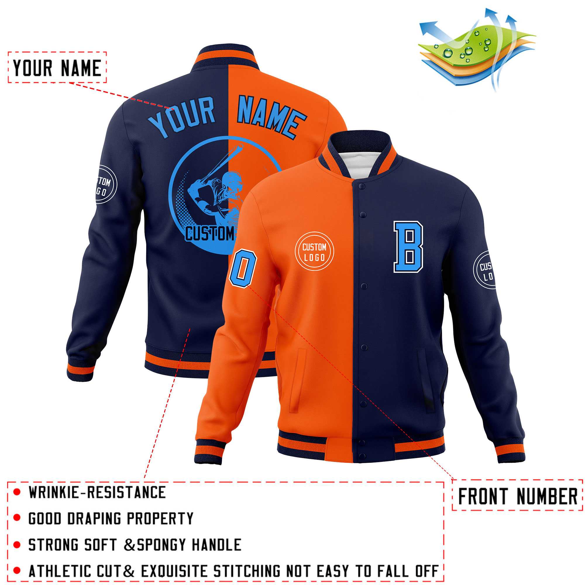 Custom Orange Navy Varsity Full-Snap Split Letterman Baseball Jacket