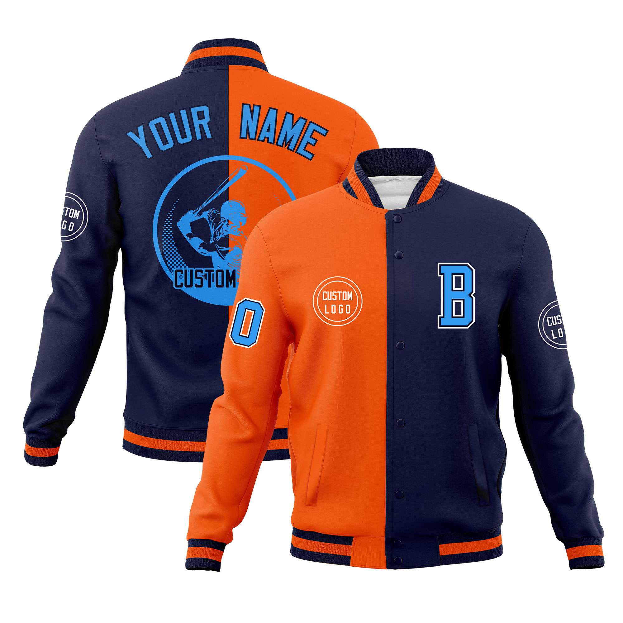 Custom Orange Navy Varsity Full-Snap Split Letterman Baseball Jacket