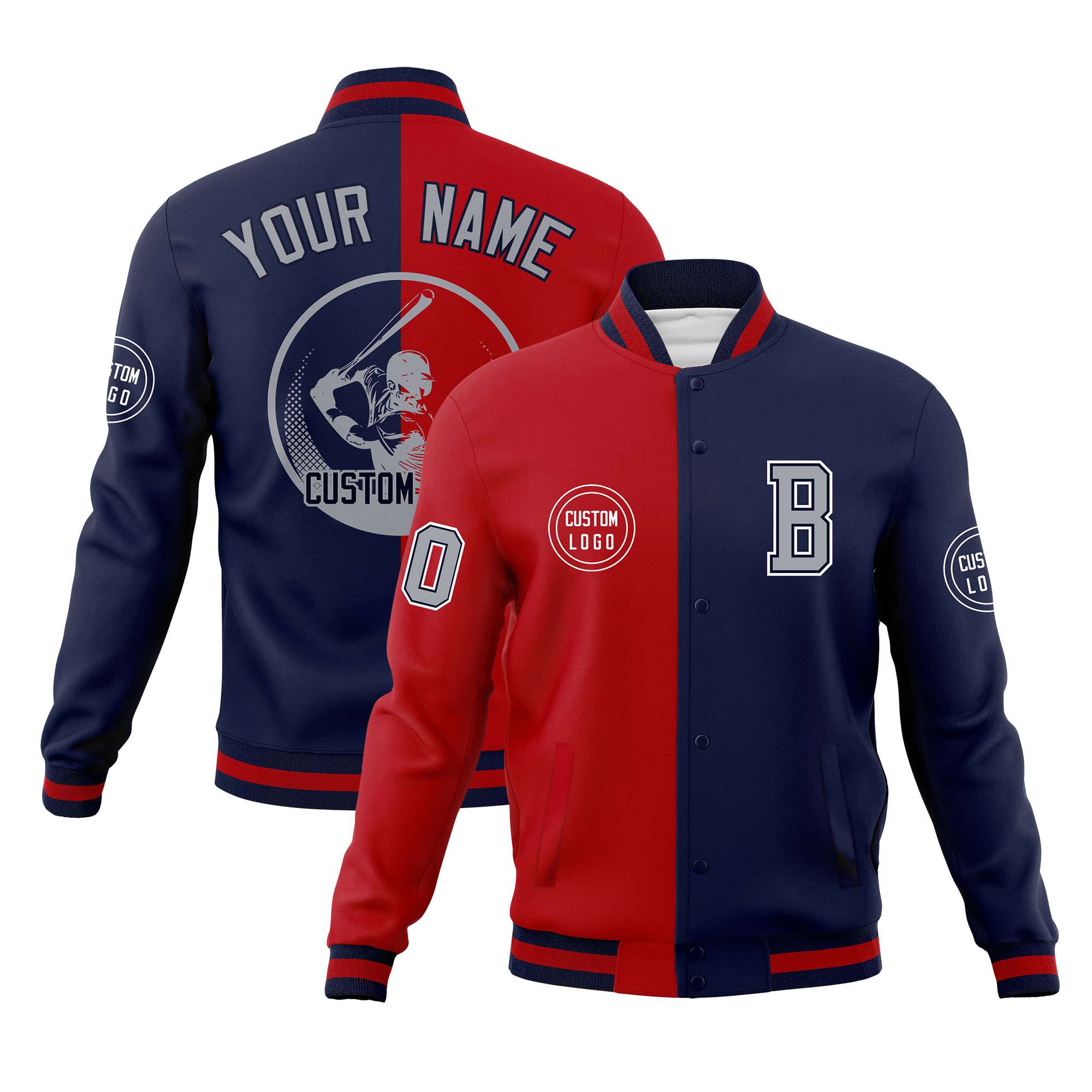 Custom Red Navy Varsity Full-Snap Split Letterman Baseball Jacket