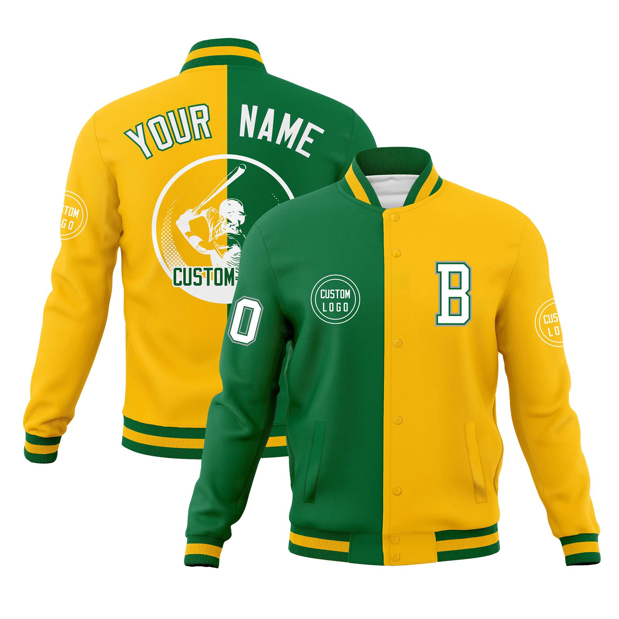 Custom Kelly Green Gold Varsity Full-Snap Split Letterman Baseball Jacket