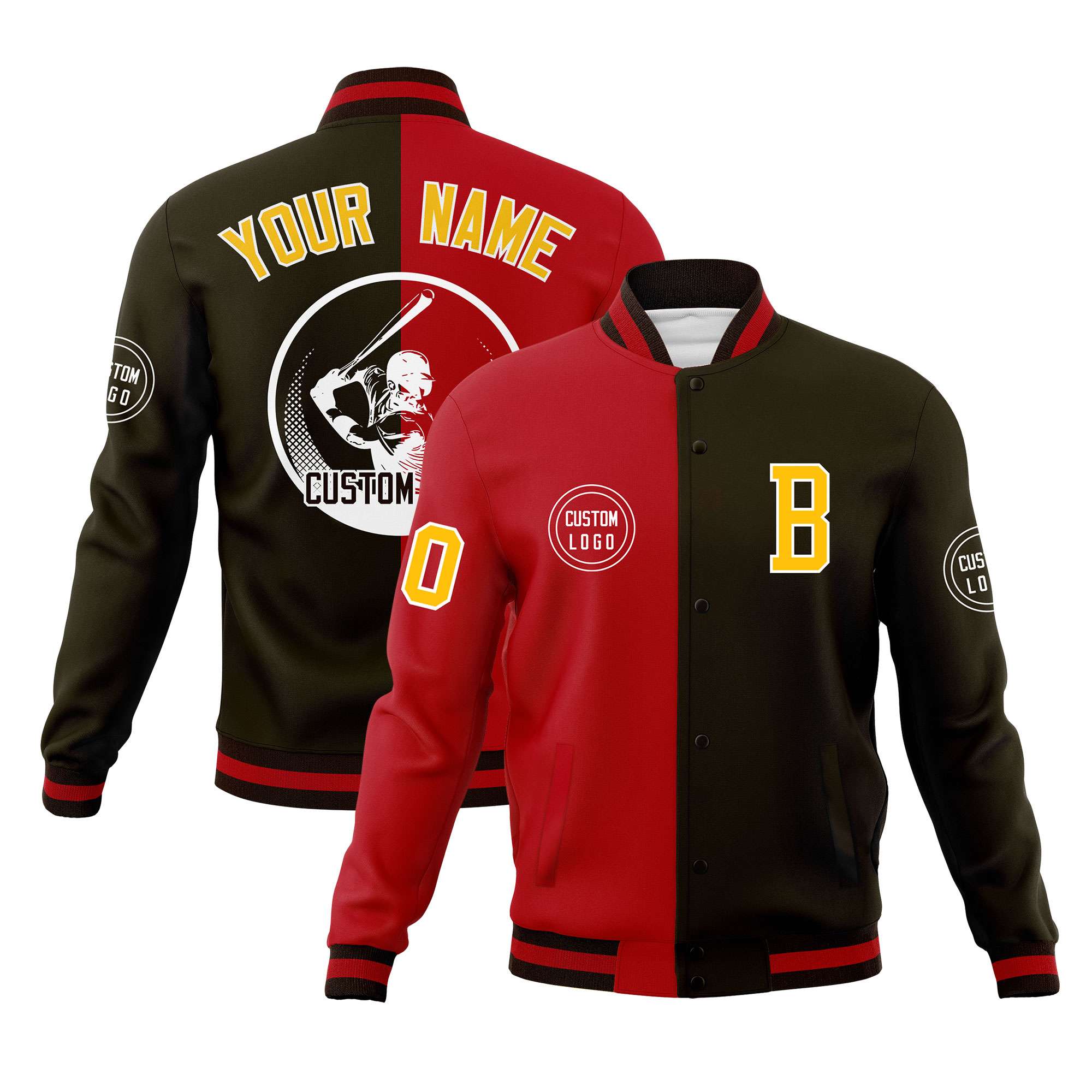 Custom Red Brown Varsity Full-Snap Split Letterman Baseball Jacket