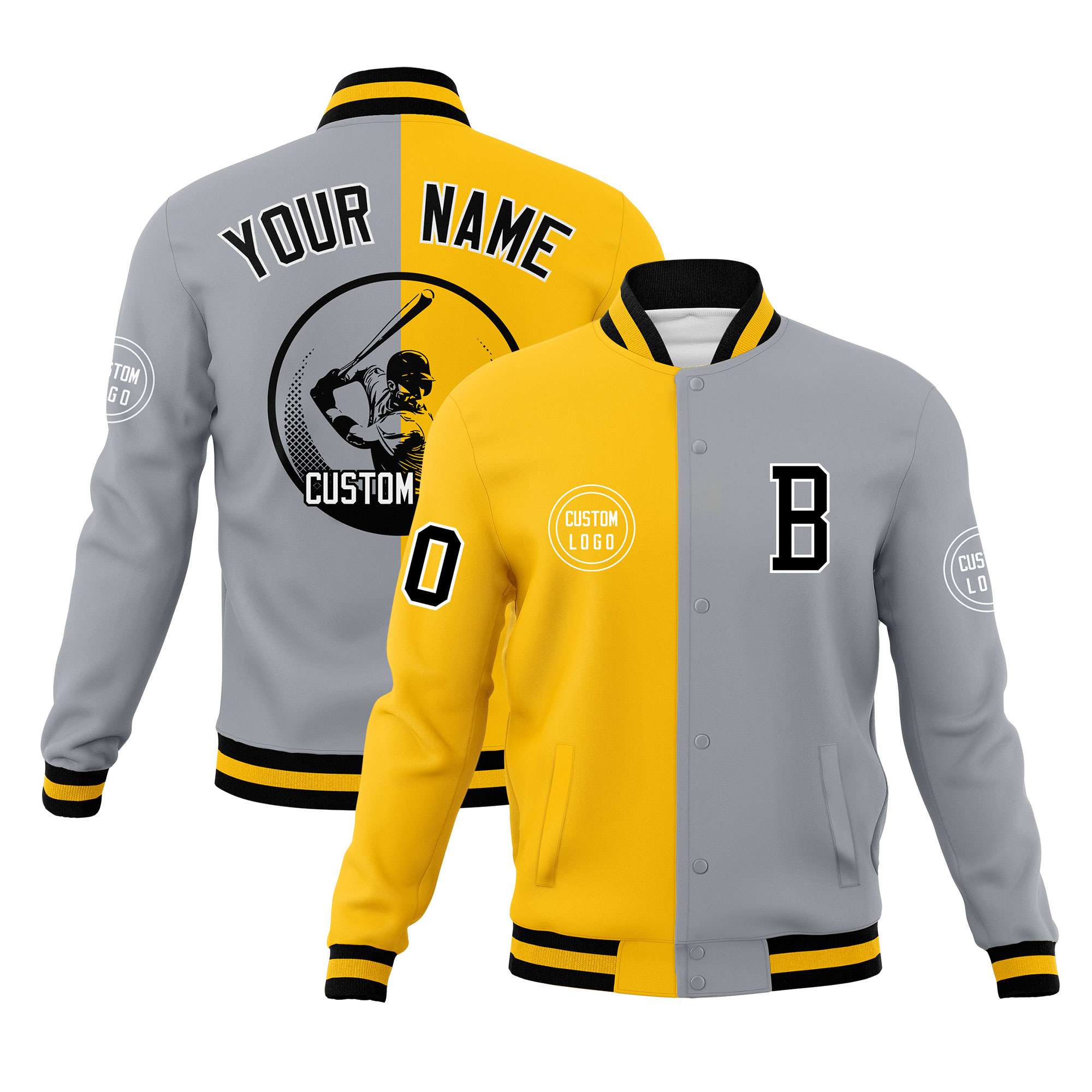 Custom Gold Gray Varsity Full-Snap Split Letterman Baseball Jacket