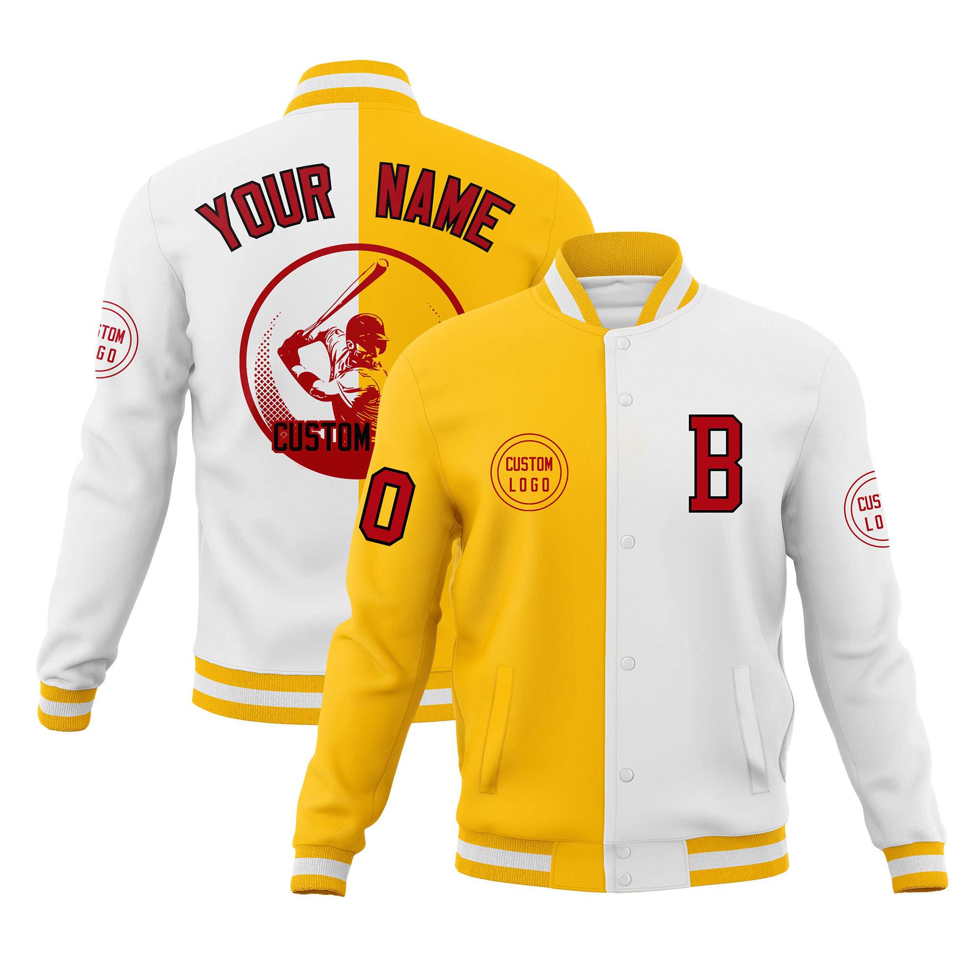 Custom Gold White Varsity Full-Snap Split Letterman Baseball Jacket