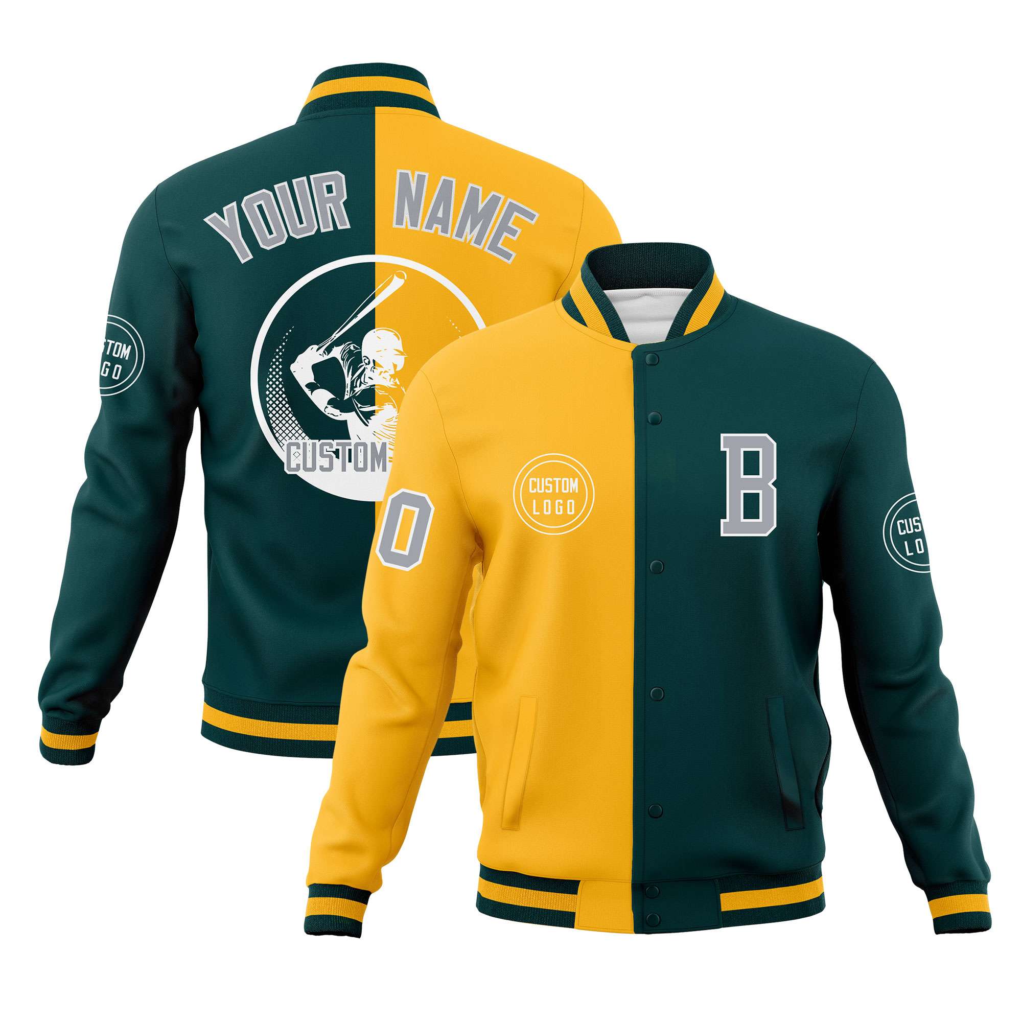 Custom Gold Midnight Green Varsity Full-Snap Split Letterman Baseball Jacket