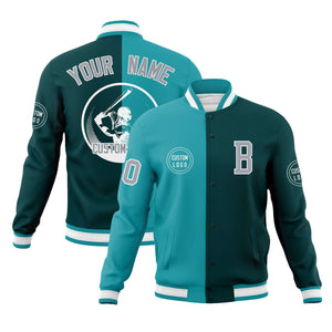 Custom Aqua Midnight Green Varsity Full-Snap Split Letterman Baseball Jacket