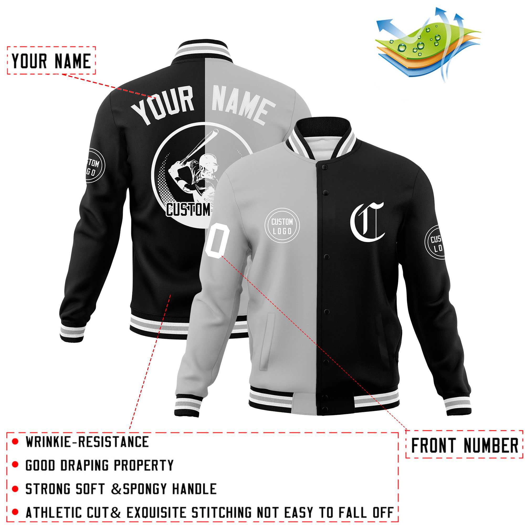 Custom Black Gray Varsity Full-Snap Split Letterman Baseball Jacket