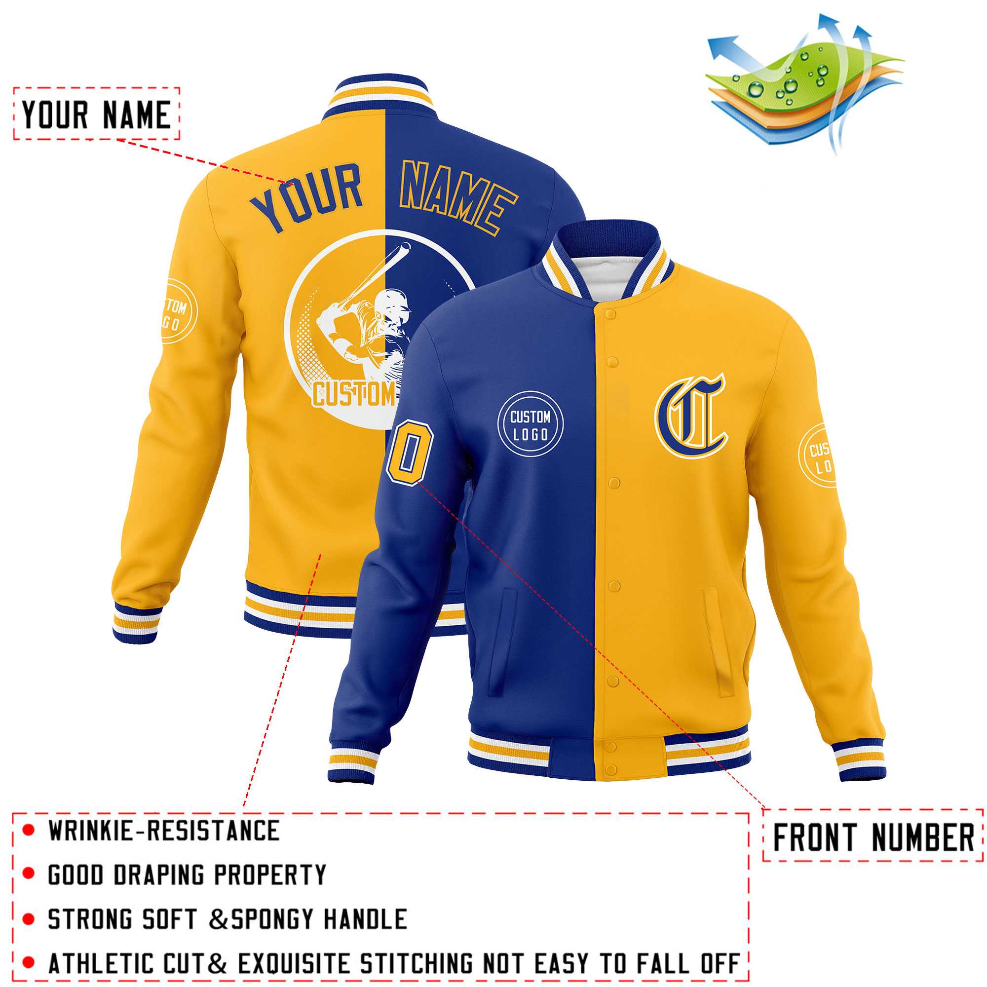 Custom Royal Gold Varsity Full-Snap Split Letterman Baseball Jacket