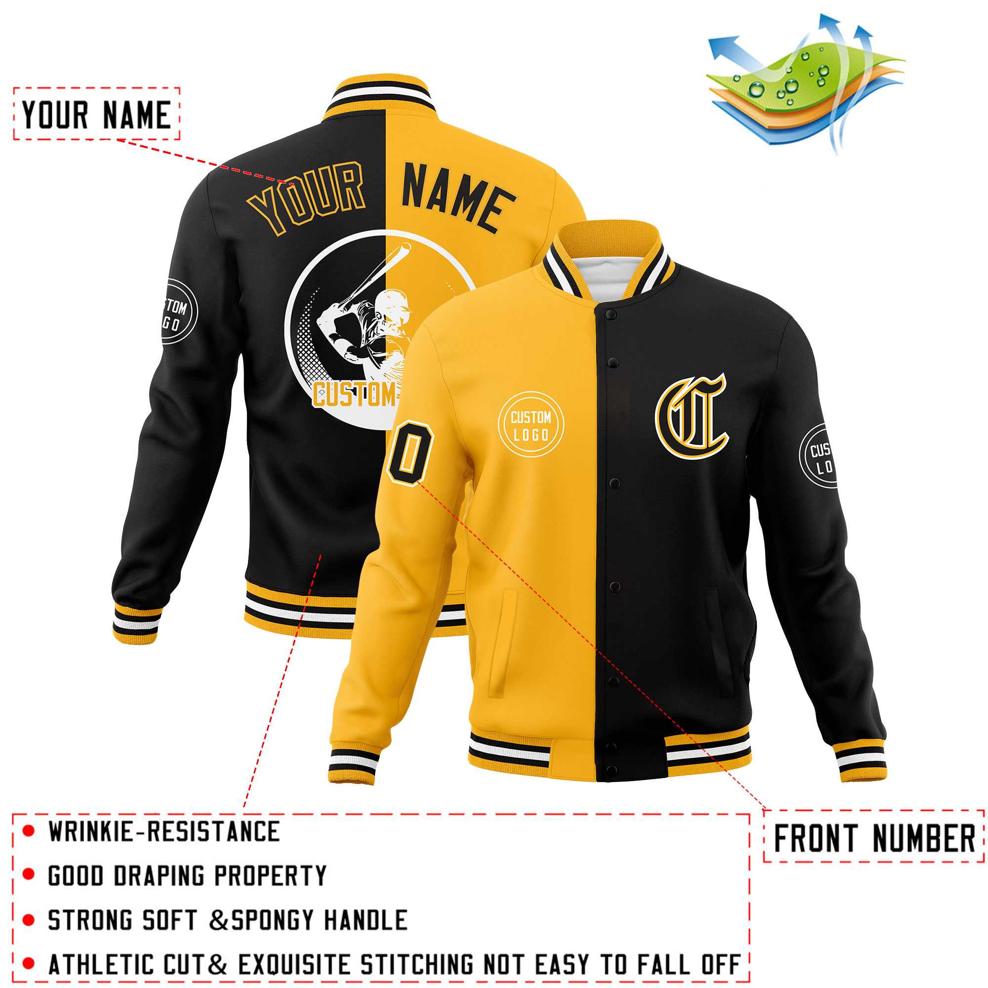 Custom Gold Black Varsity Full-Snap Split Letterman Baseball Jacket