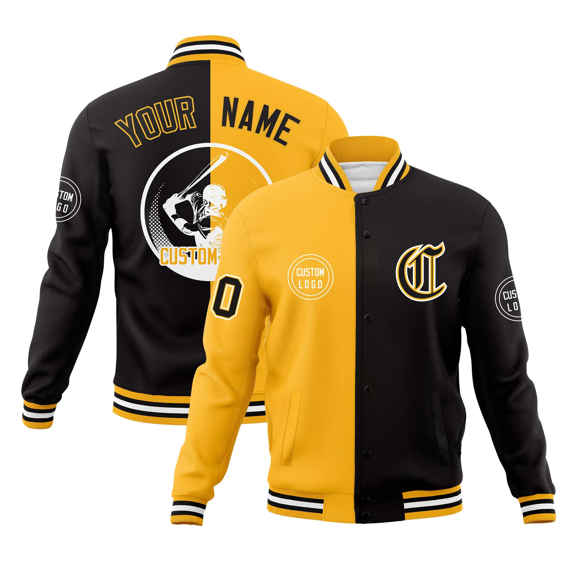 Custom Gold Black Varsity Full-Snap Split Letterman Baseball Jacket