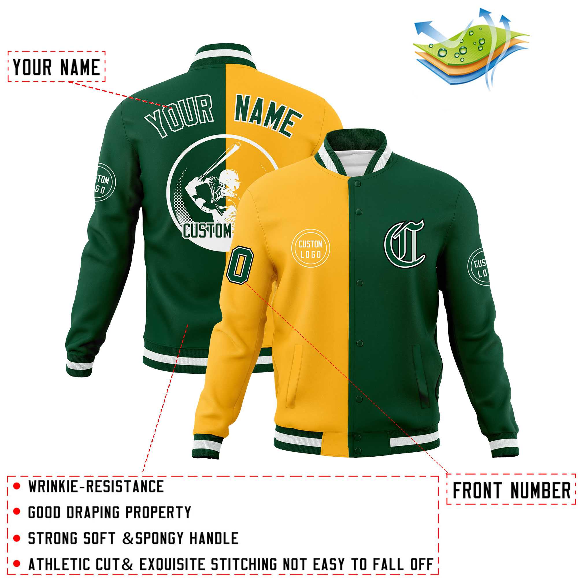 Custom Green Gold Varsity Full-Snap Split Letterman Baseball Jacket