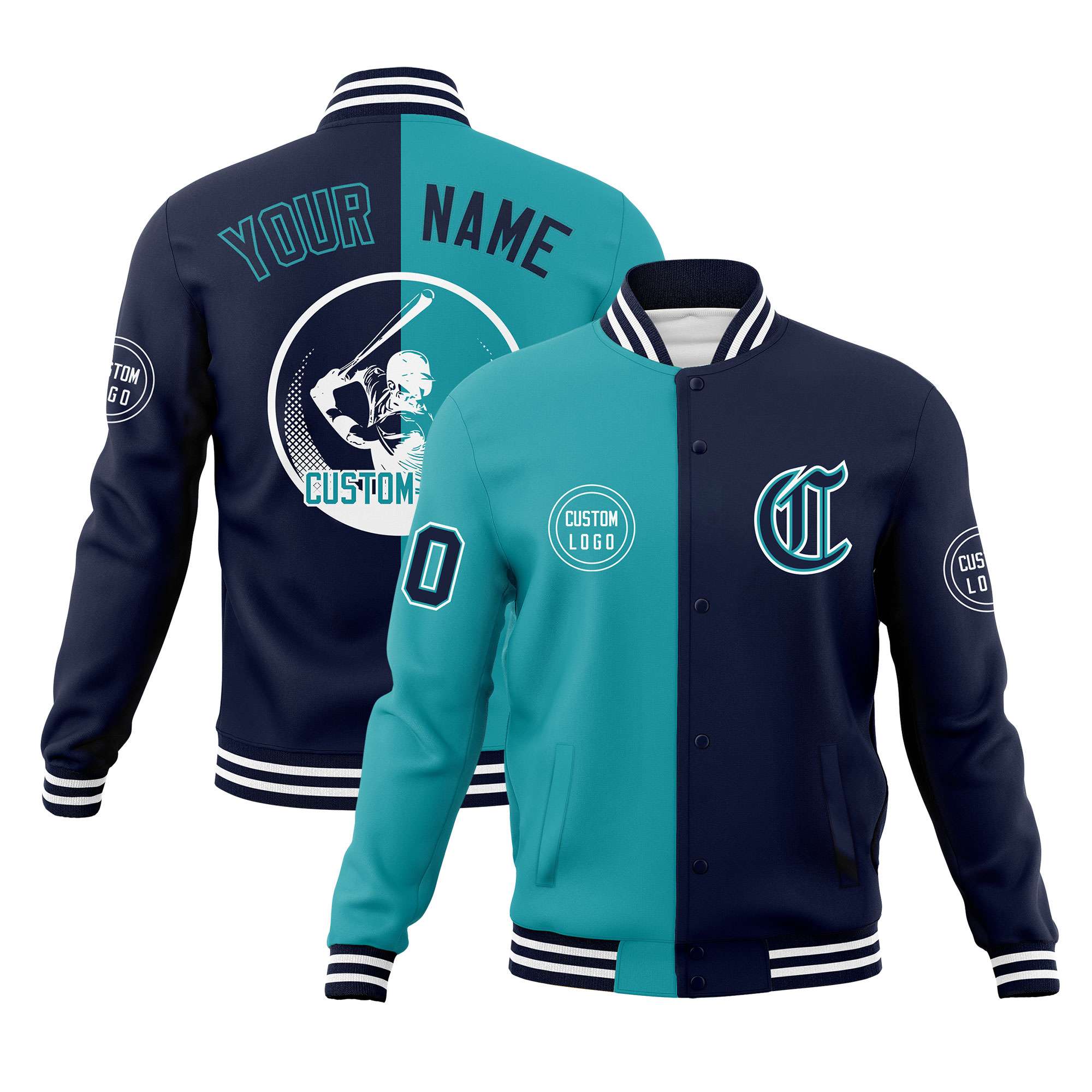 Custom Aqua Navy Varsity Full-Snap Split Letterman Baseball Jacket