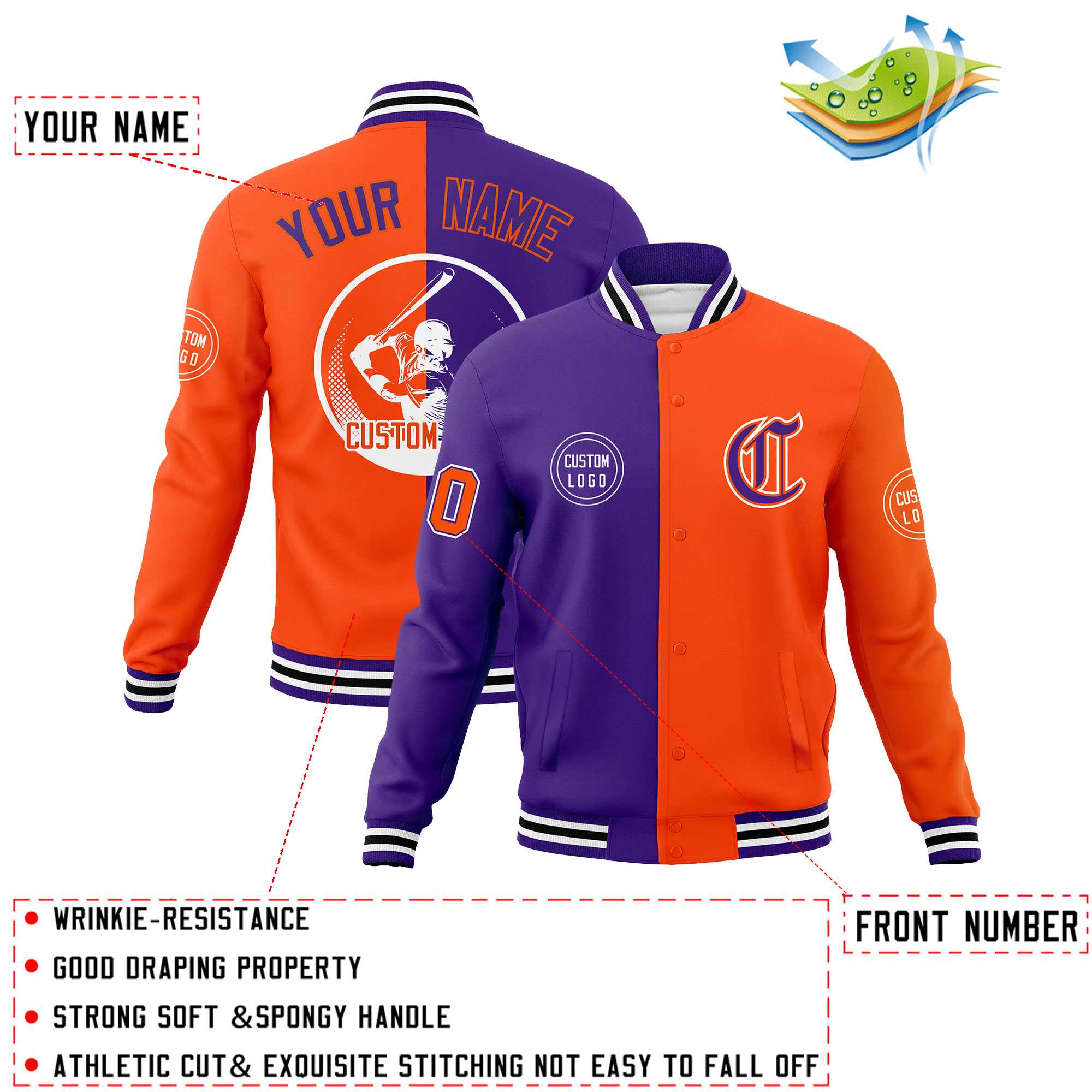 Custom Purple Orange Varsity Full-Snap Split Letterman Baseball Jacket