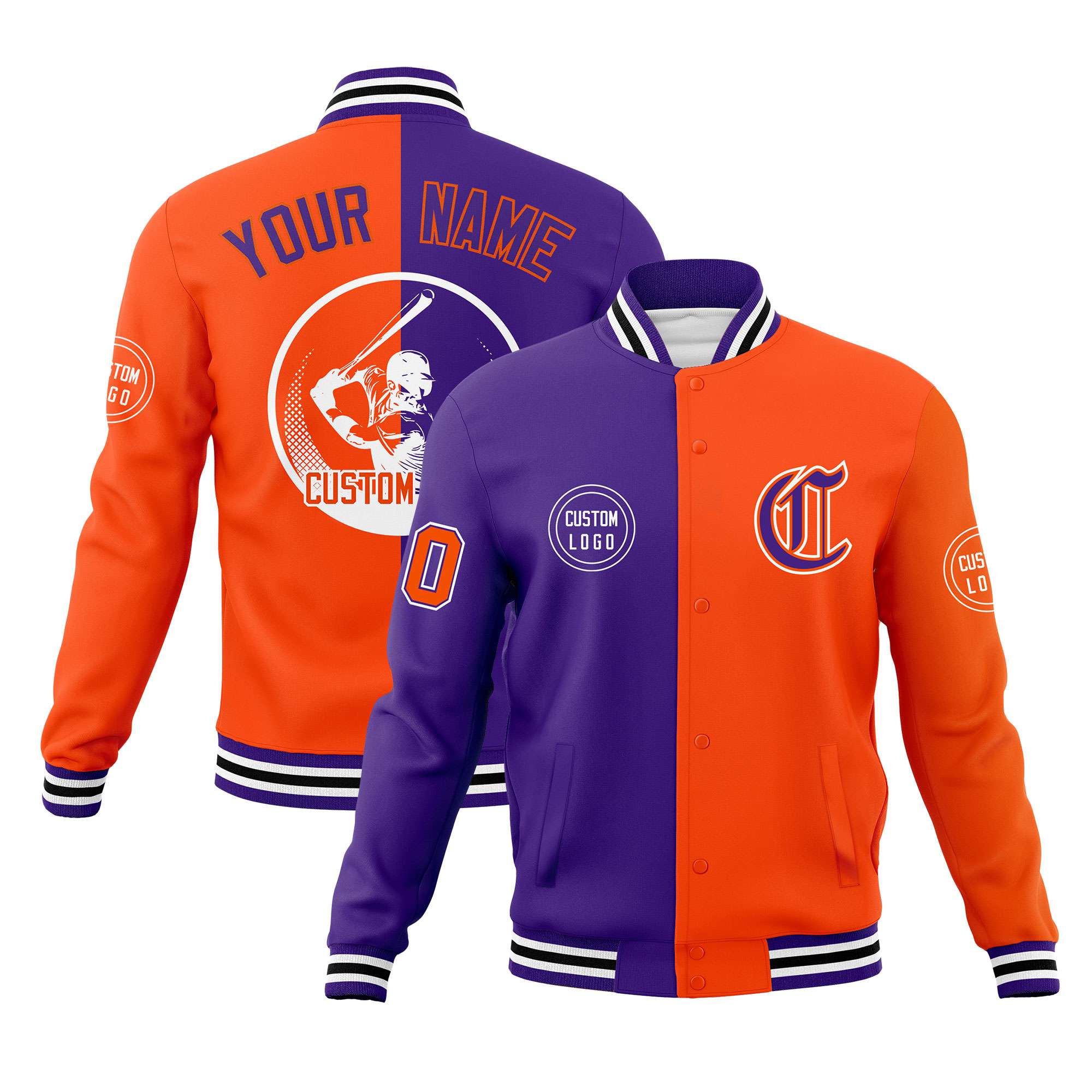 Custom Purple Orange Varsity Full-Snap Split Letterman Baseball Jacket