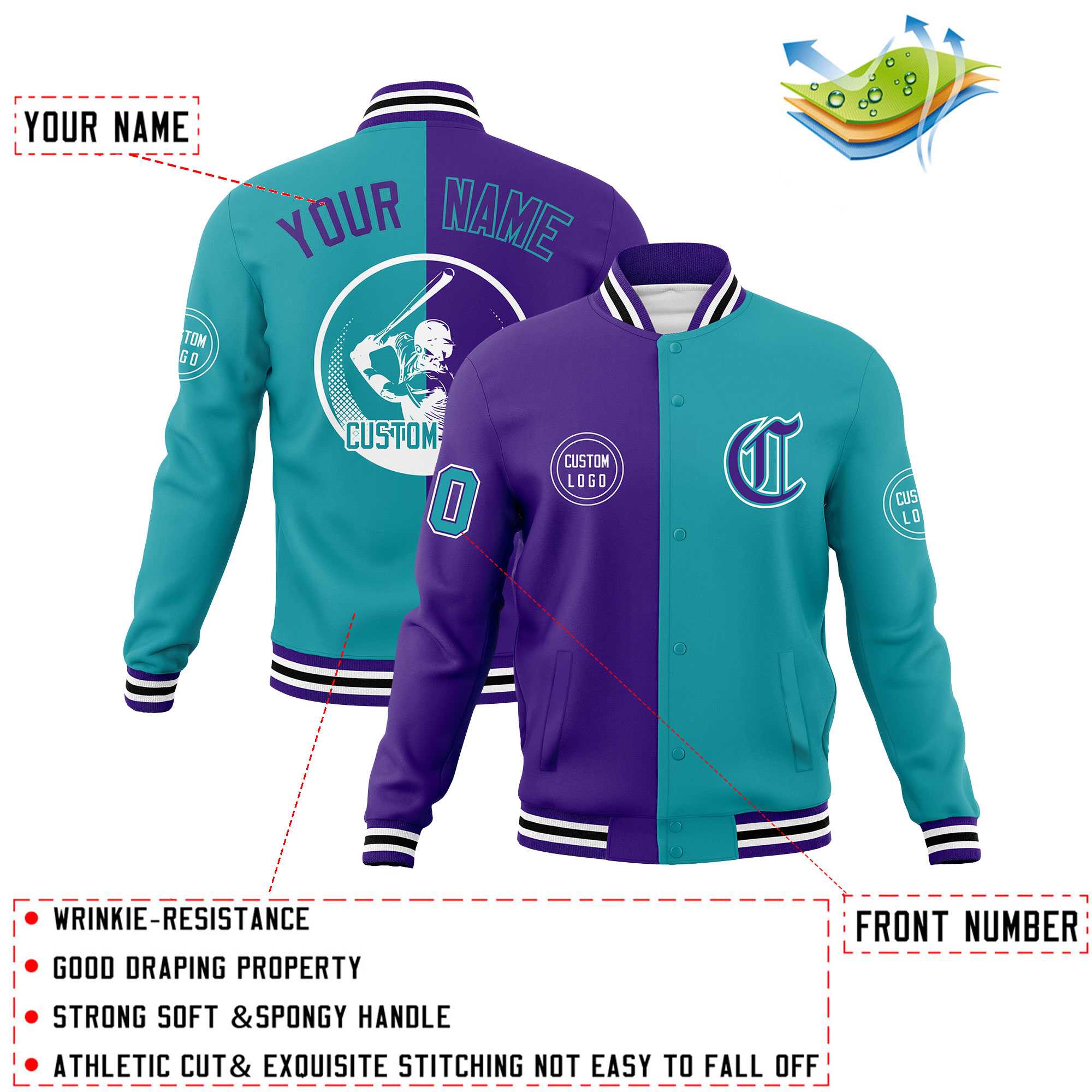 Custom Purple Aqua Varsity Full-Snap Split Letterman Baseball Jacket