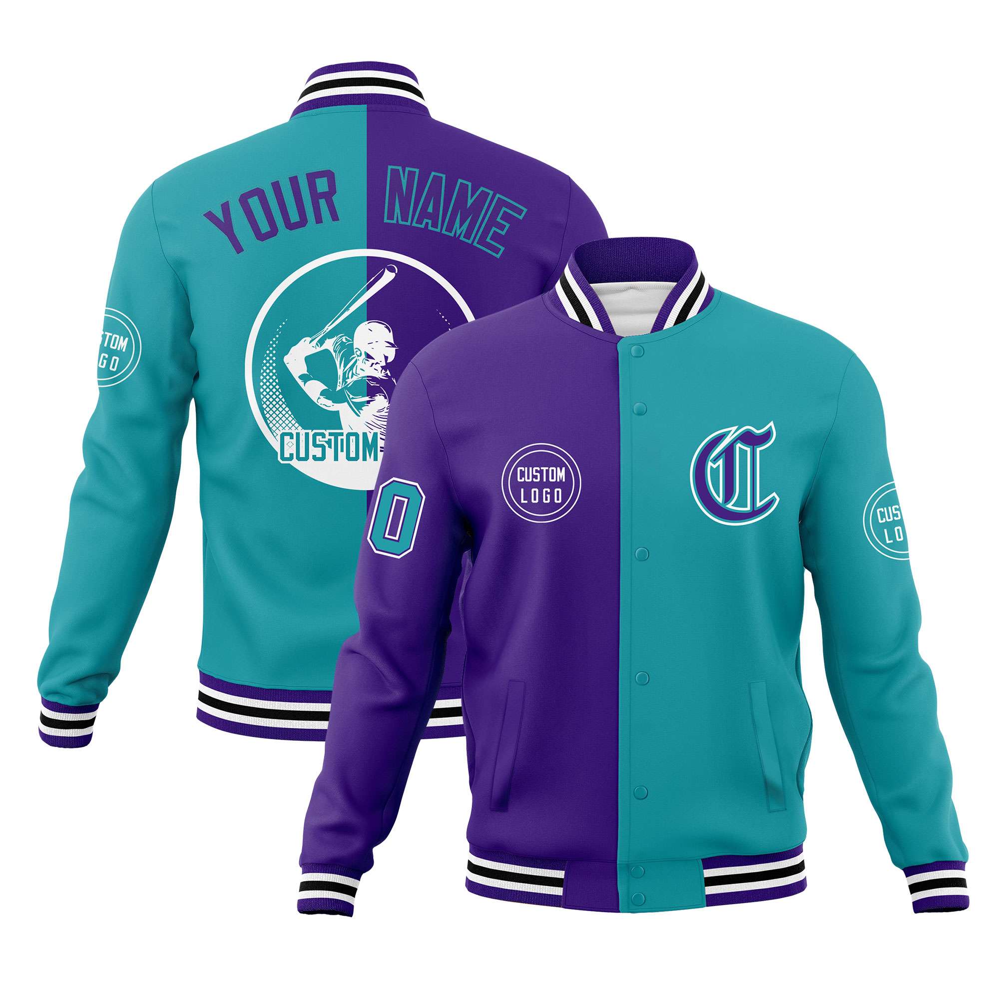 Custom Purple Aqua Varsity Full-Snap Split Letterman Baseball Jacket