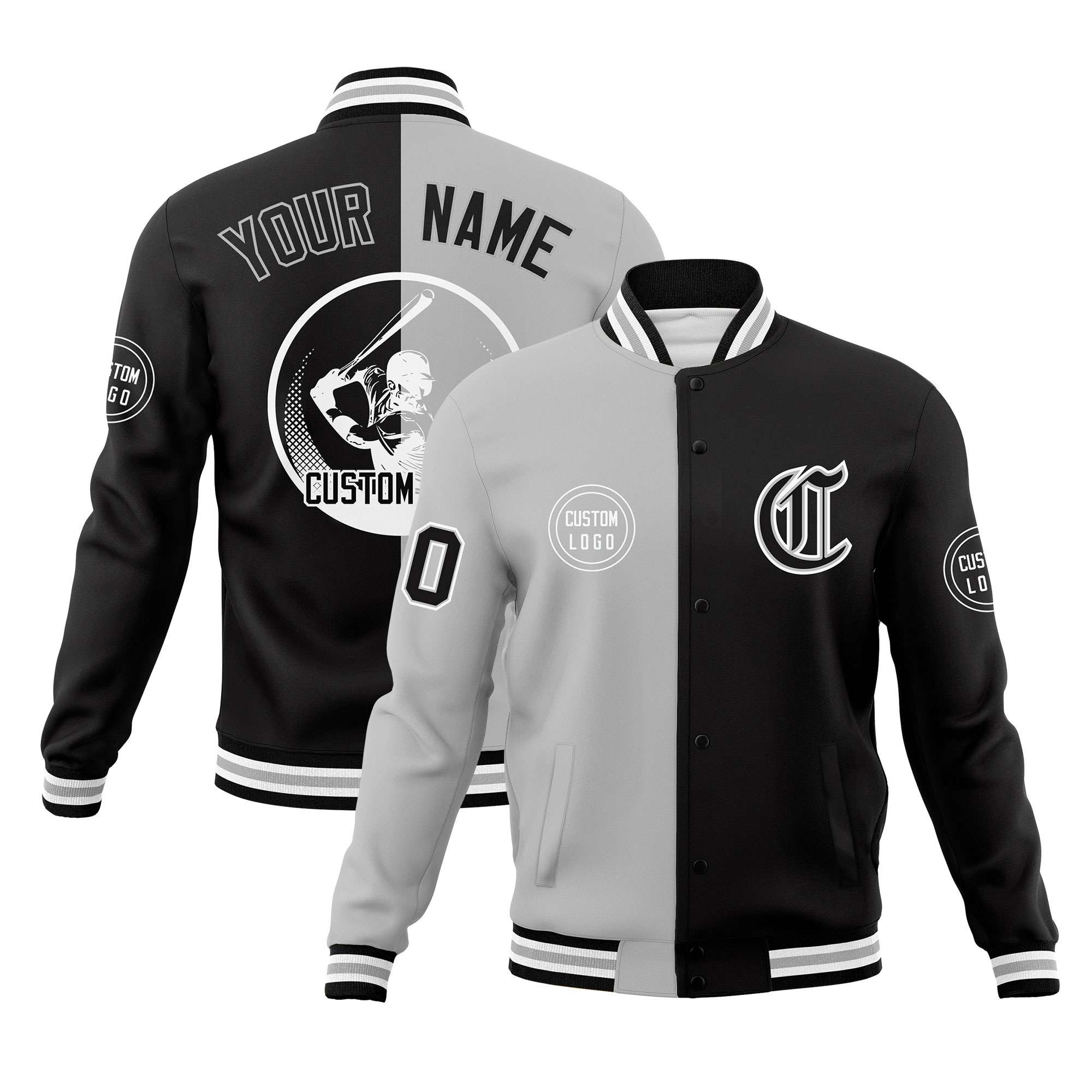 Custom Gray Black Varsity Full-Snap Split Letterman Baseball Jacket