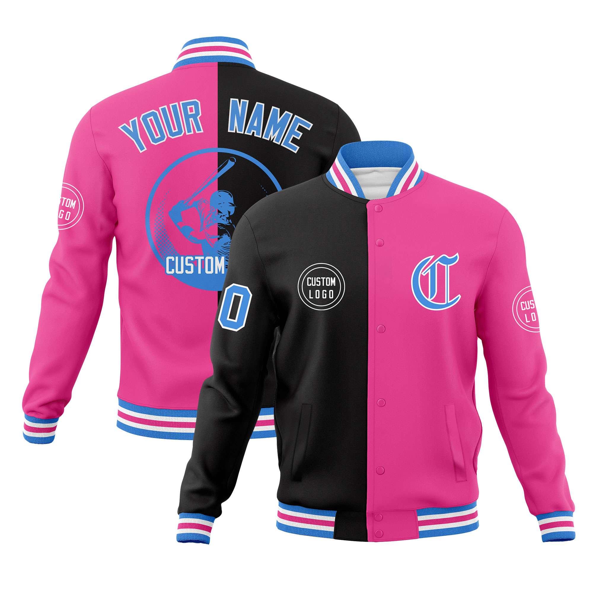 Custom Black Pink Varsity Full-Snap Split Letterman Baseball Jacket