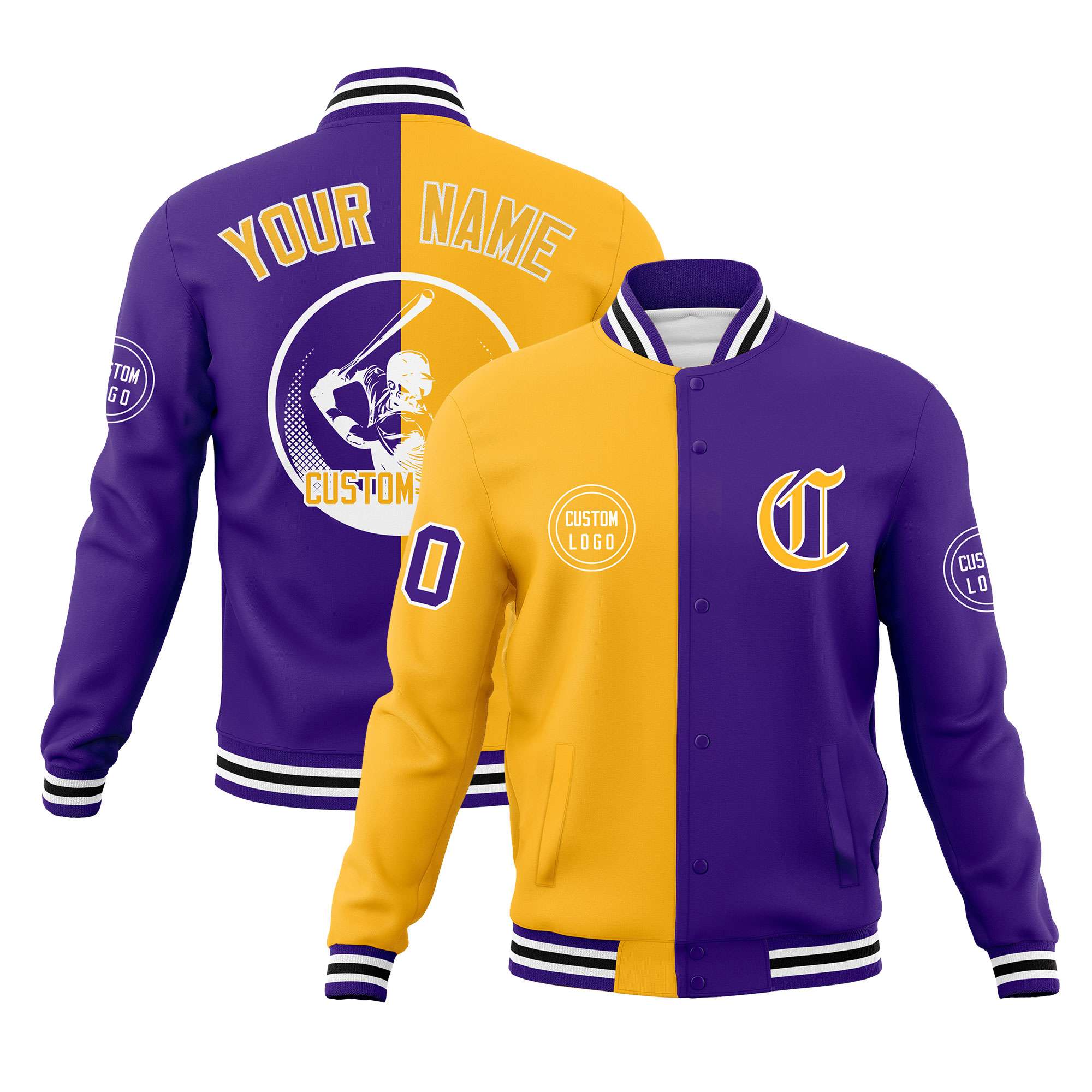 Custom Gold Purple Varsity Full-Snap Split Letterman Baseball Jacket