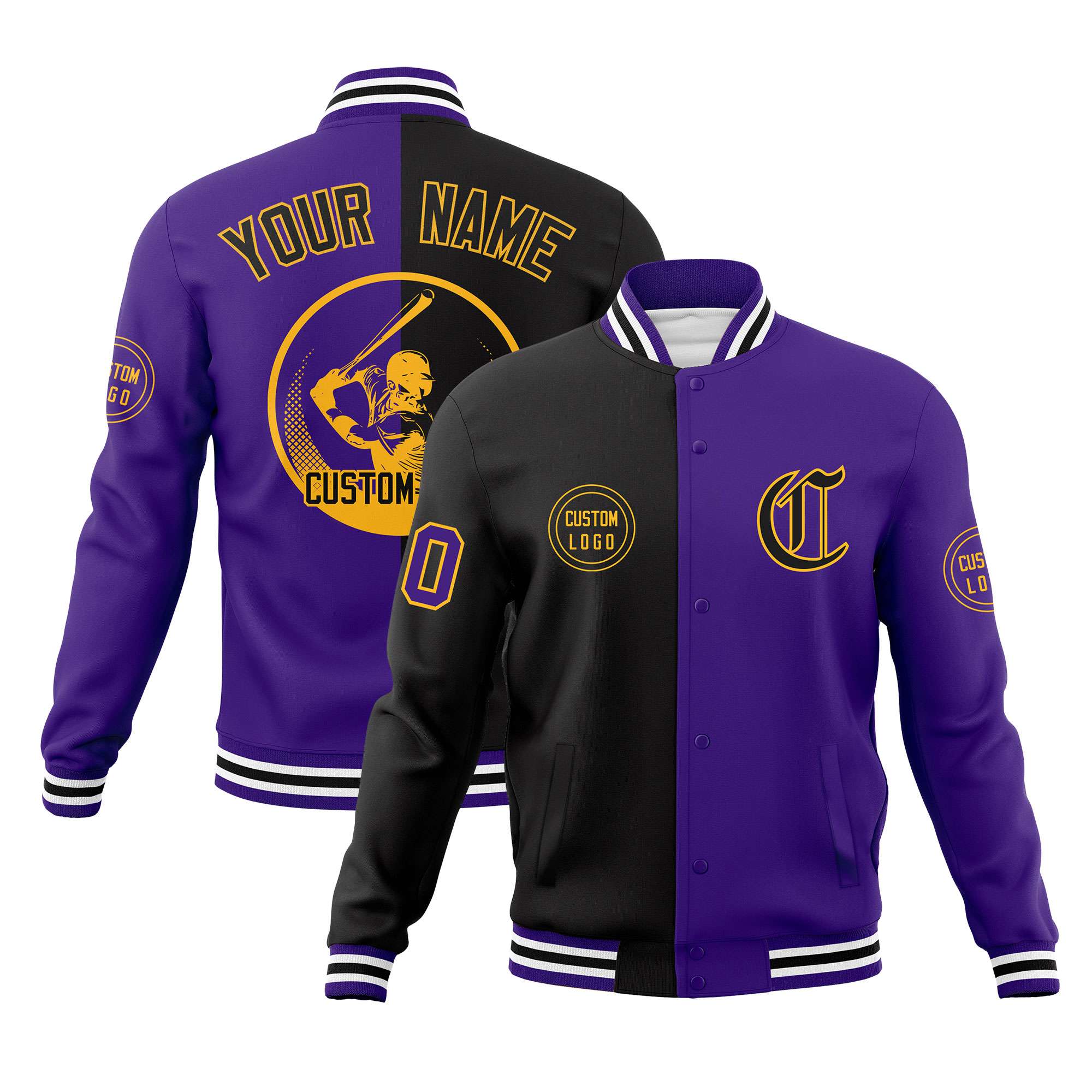 Custom Black Purple Varsity Full-Snap Split Letterman Baseball Jacket