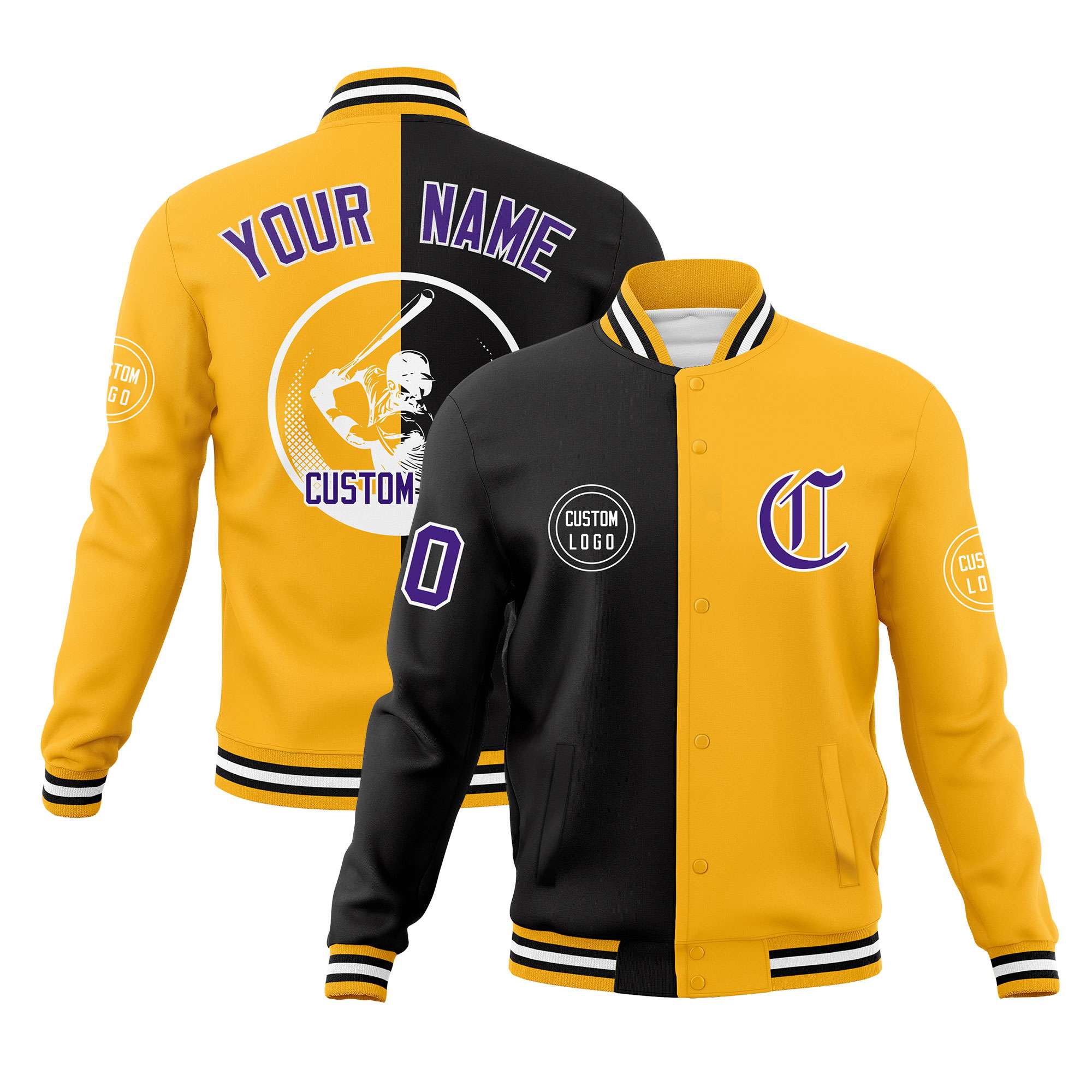 Custom Black Gold Varsity Full-Snap Split Letterman Baseball Jacket