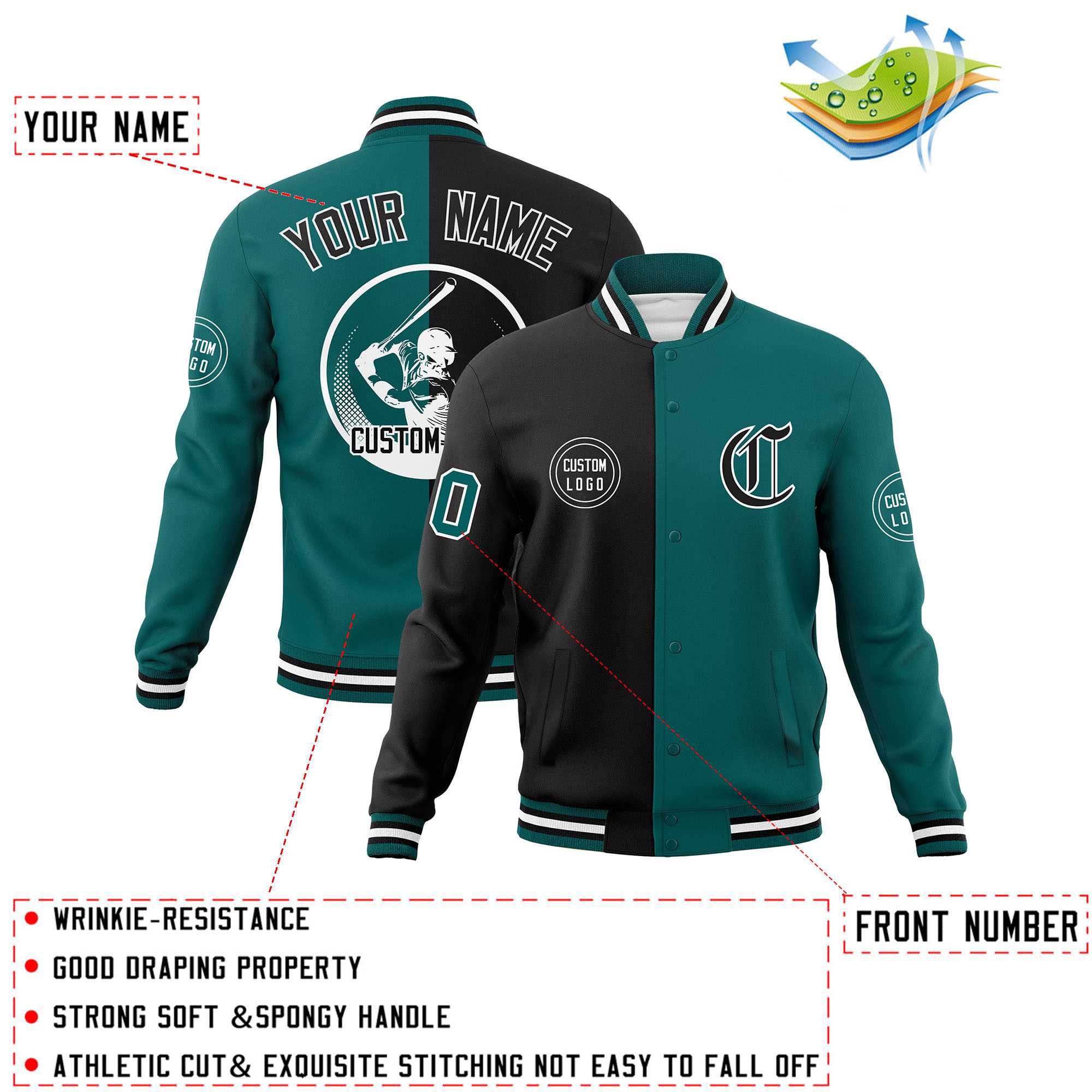 Custom Black Aqua Varsity Full-Snap Split Letterman Baseball Jacket