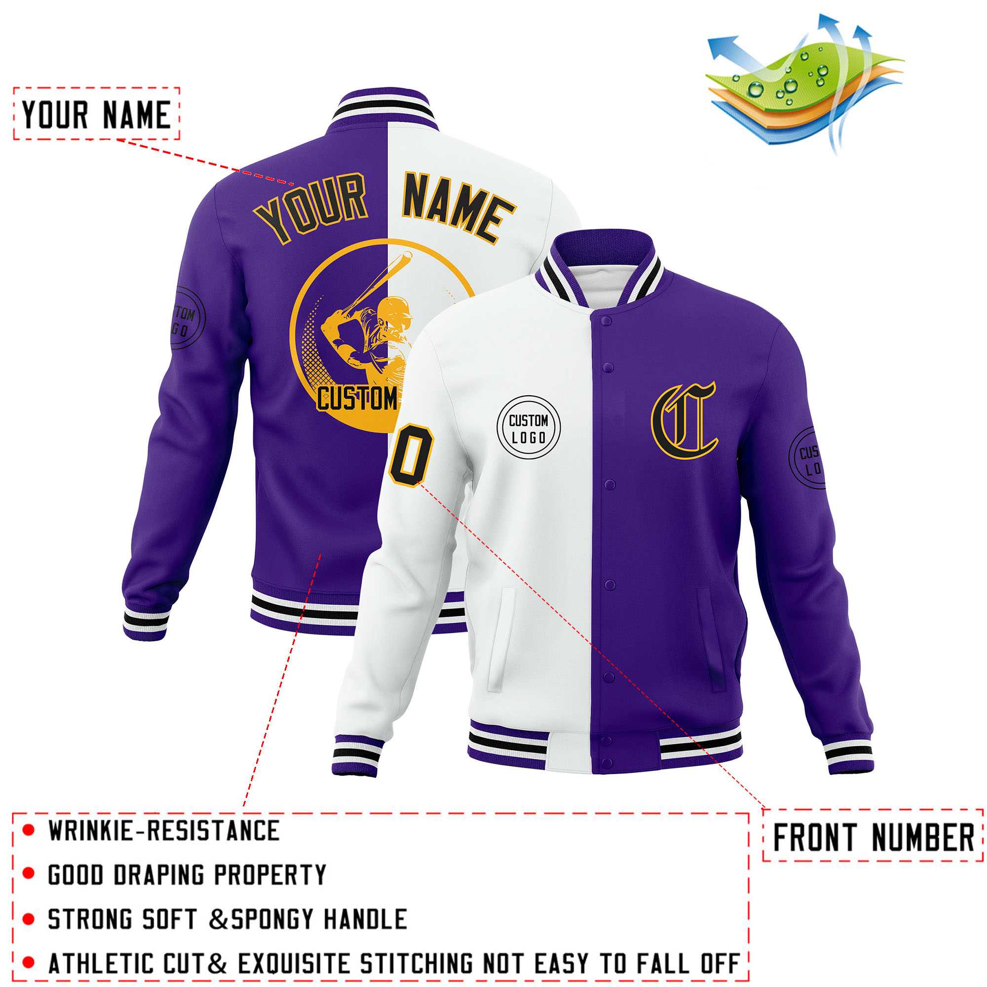 Custom White Purple Varsity Full-Snap Split Letterman Baseball Jacket