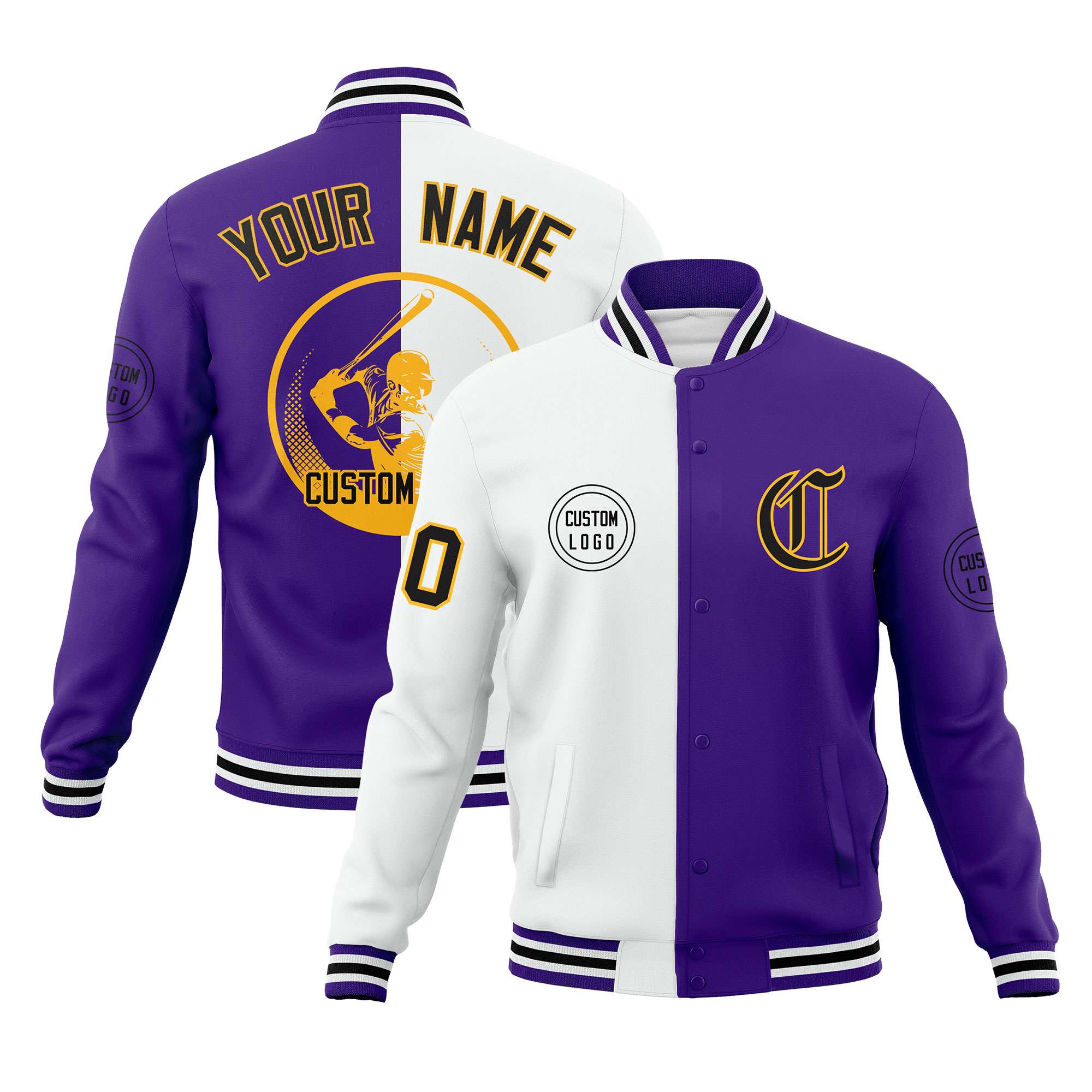 Custom White Purple Varsity Full-Snap Split Letterman Baseball Jacket