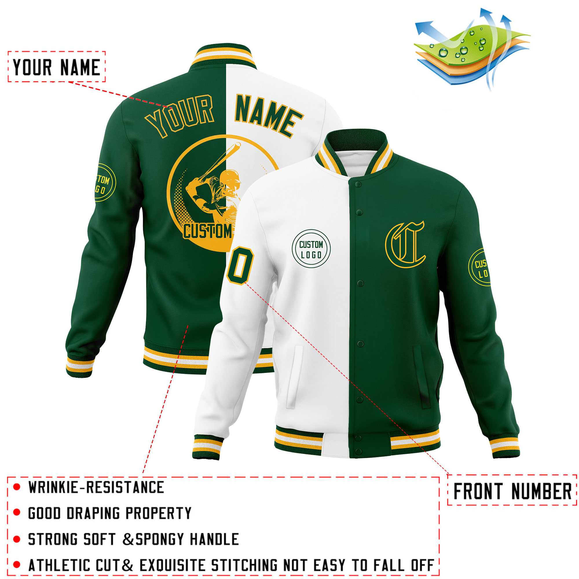 Custom White Green Varsity Full-Snap Split Letterman Baseball Jacket