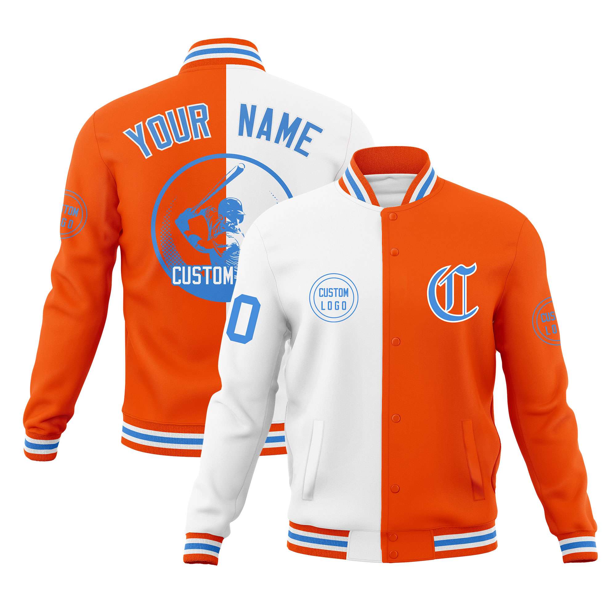 Custom White Orange Varsity Full-Snap Split Letterman Baseball Jacket