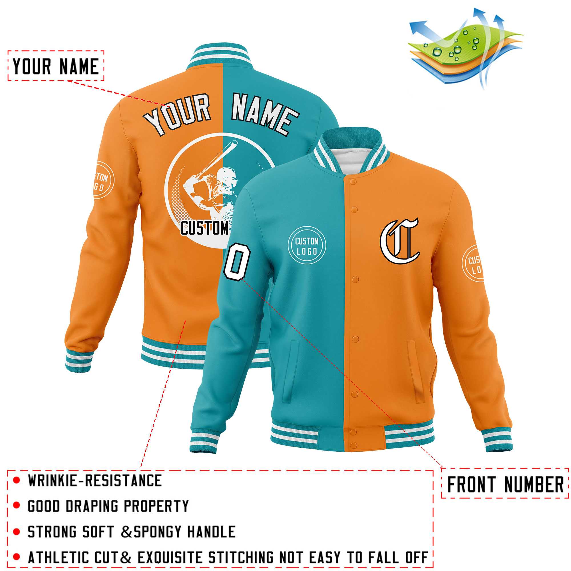 Custom Aqua Orange Varsity Full-Snap Split Letterman Baseball Jacket