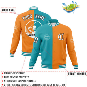 Custom Aqua Orange Varsity Full-Snap Split Letterman Baseball Jacket