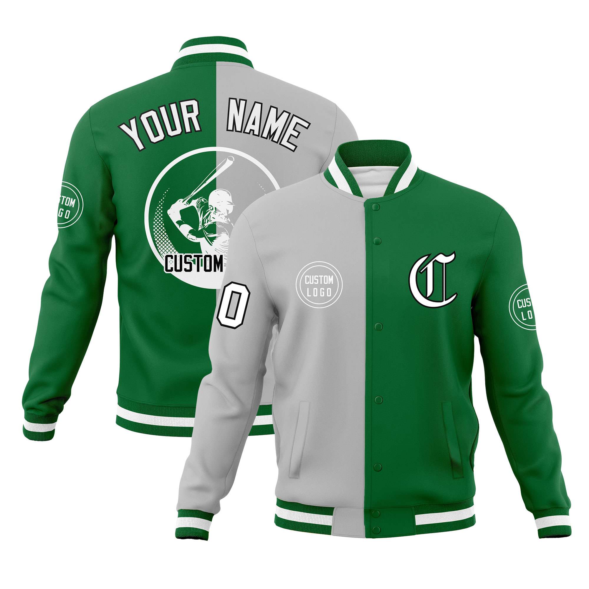 Custom Gray Kelly Green Varsity Full-Snap Split Letterman Baseball Jacket