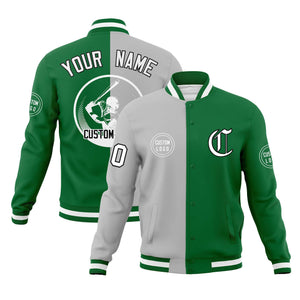 Custom Gray Kelly Green Varsity Full-Snap Split Letterman Baseball Jacket