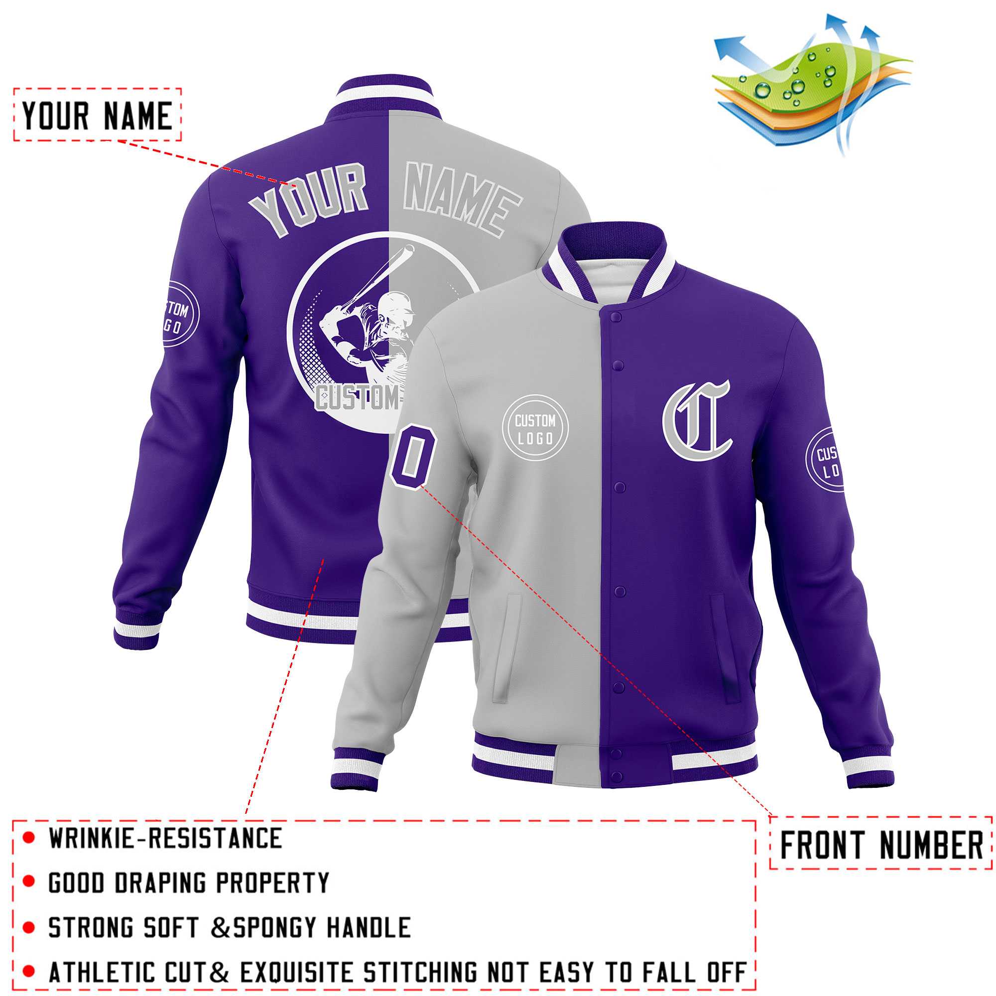 Custom Gray Purple Varsity Full-Snap Split Letterman Baseball Jacket