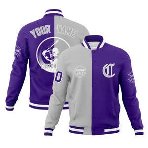 Custom Gray Purple Varsity Full-Snap Split Letterman Baseball Jacket