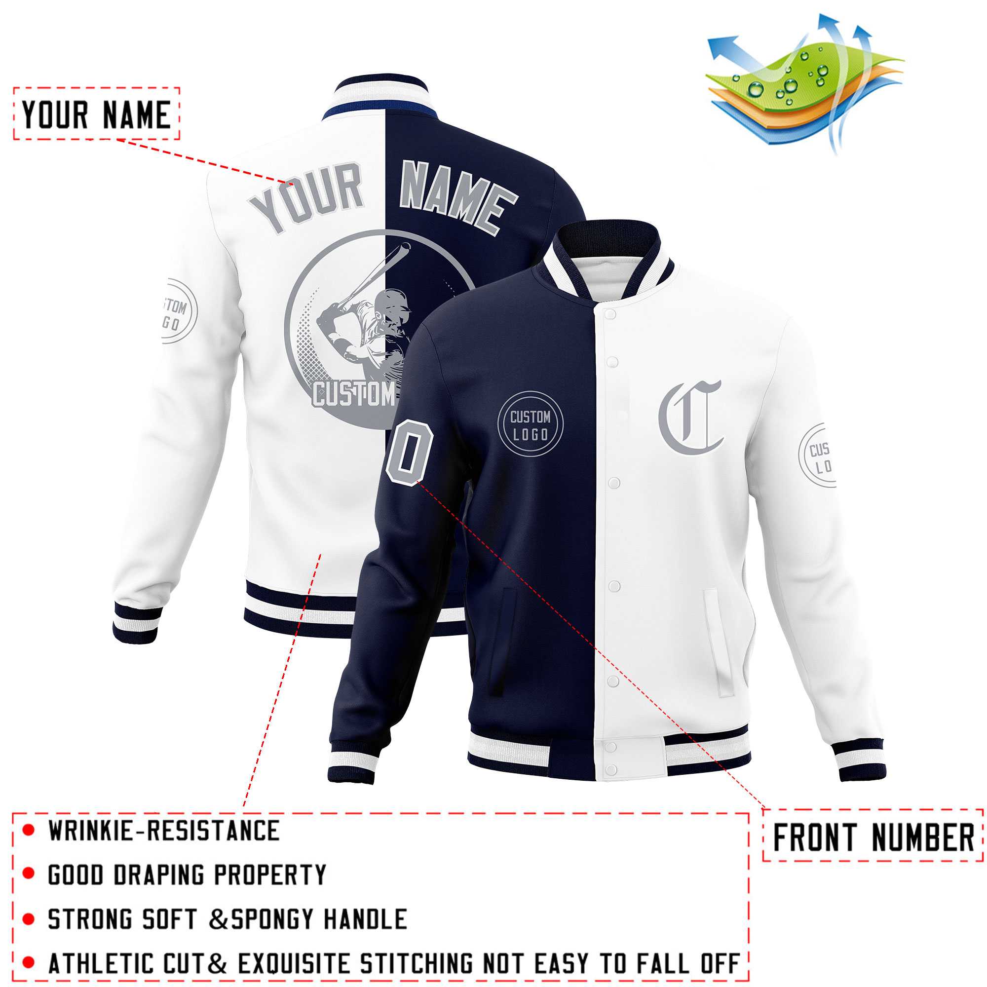 Custom Navy White Varsity Full-Snap Split Letterman Baseball Jacket