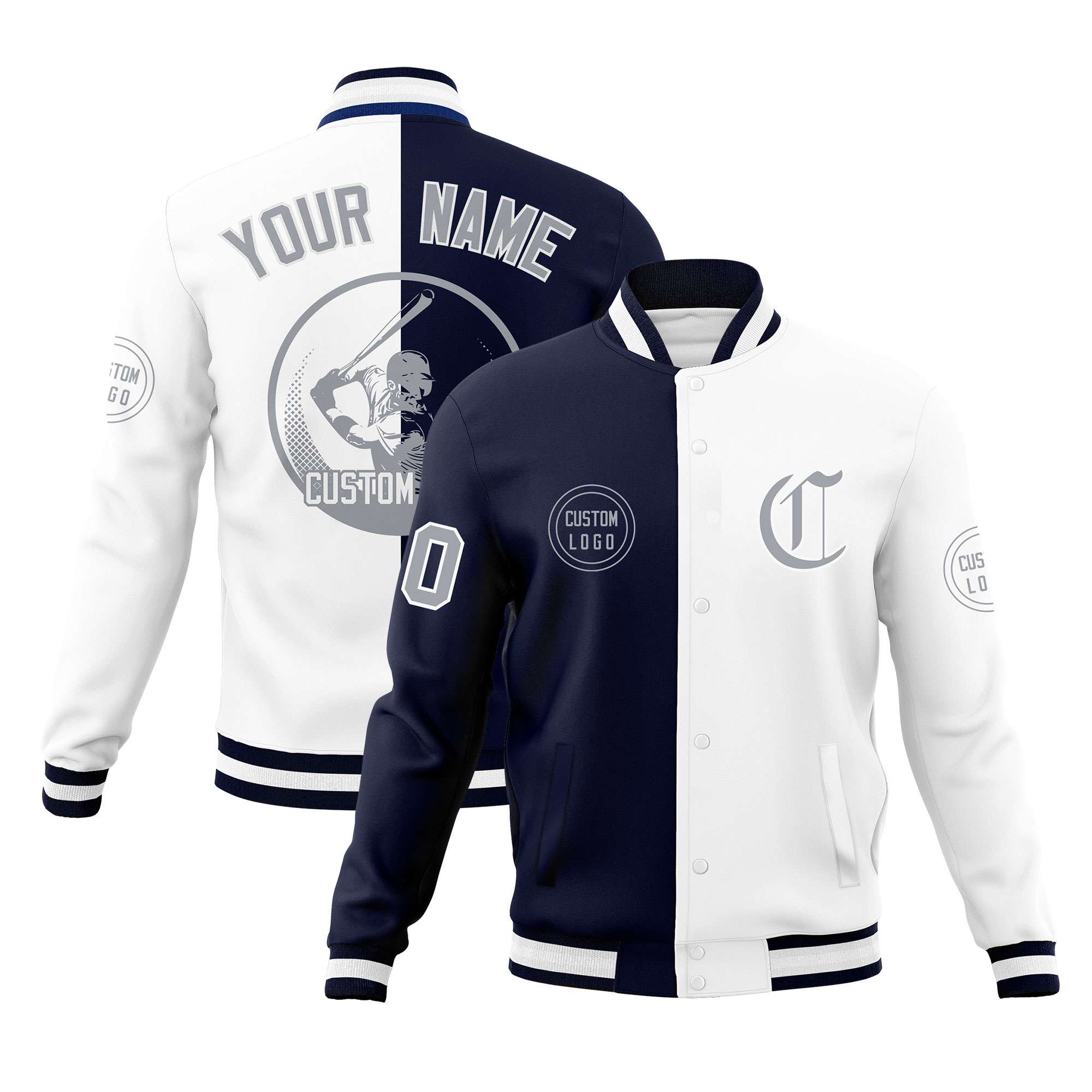 Custom Navy White Varsity Full-Snap Split Letterman Baseball Jacket