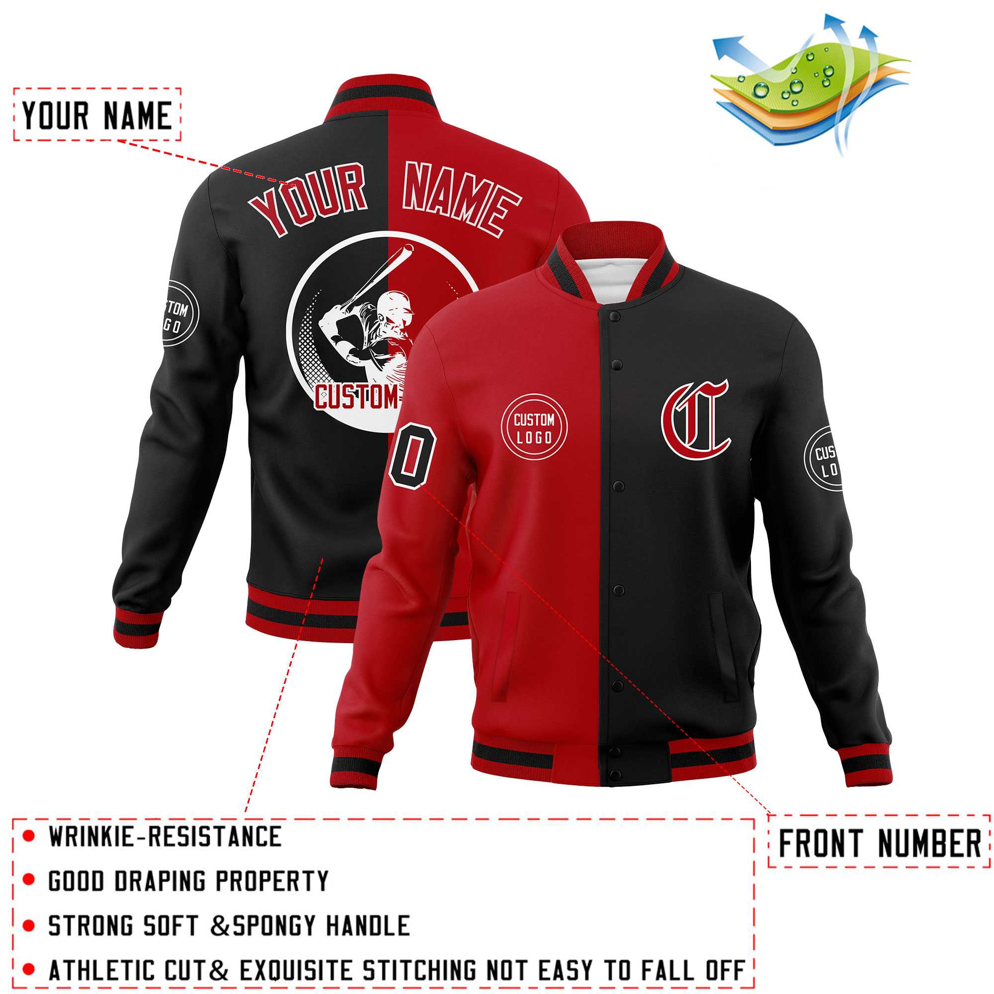 Custom Red Black Varsity Full-Snap Split Letterman Baseball Jacket