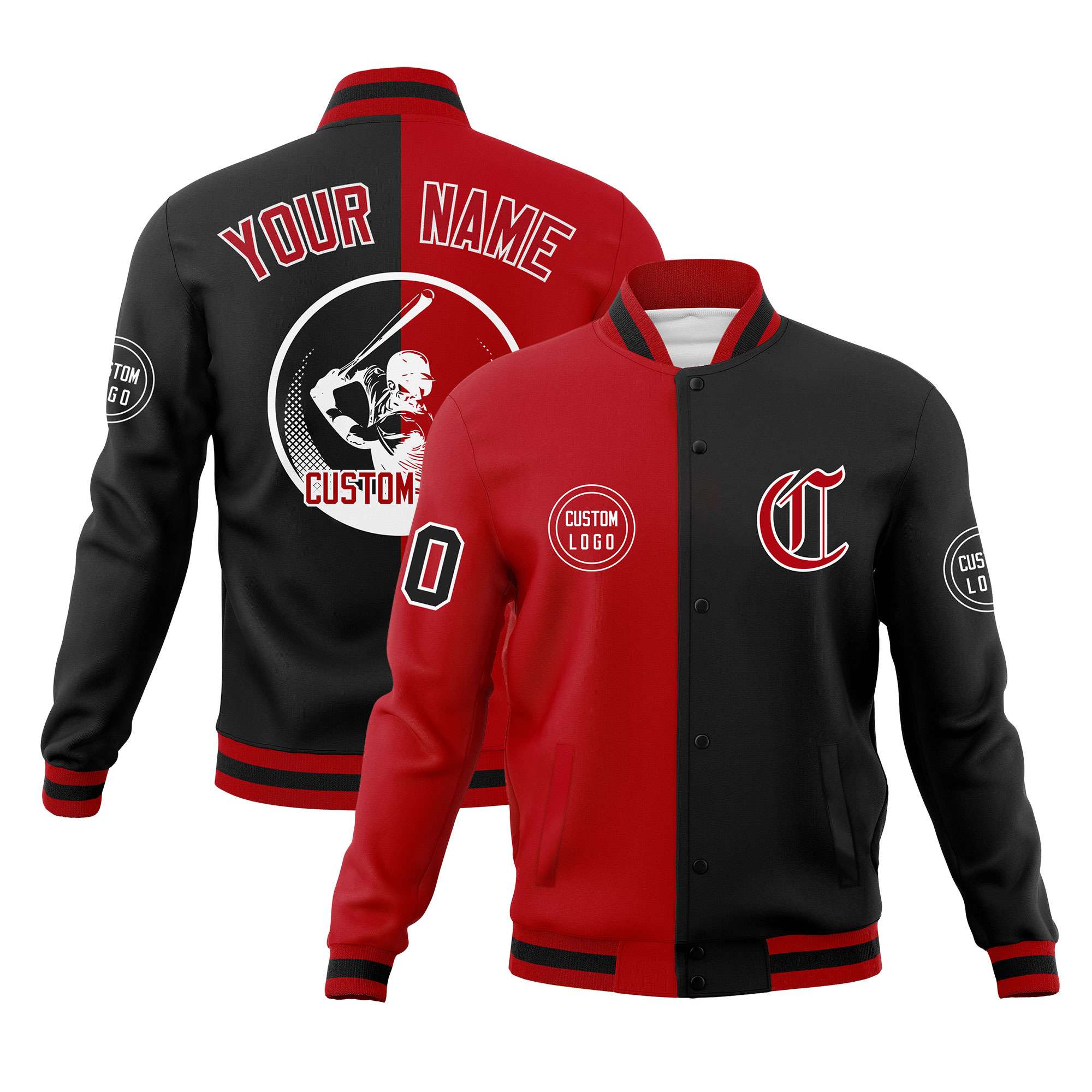 Custom Red Black Varsity Full-Snap Split Letterman Baseball Jacket