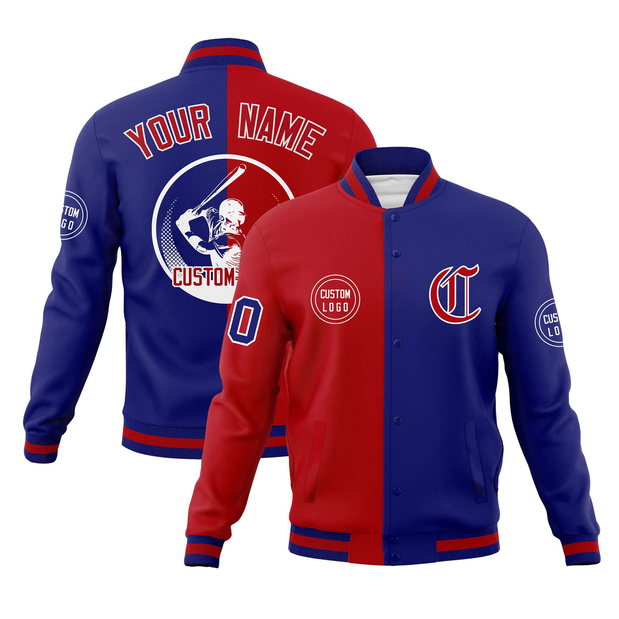 Custom Red Royal Varsity Full-Snap Split Letterman Baseball Jacket