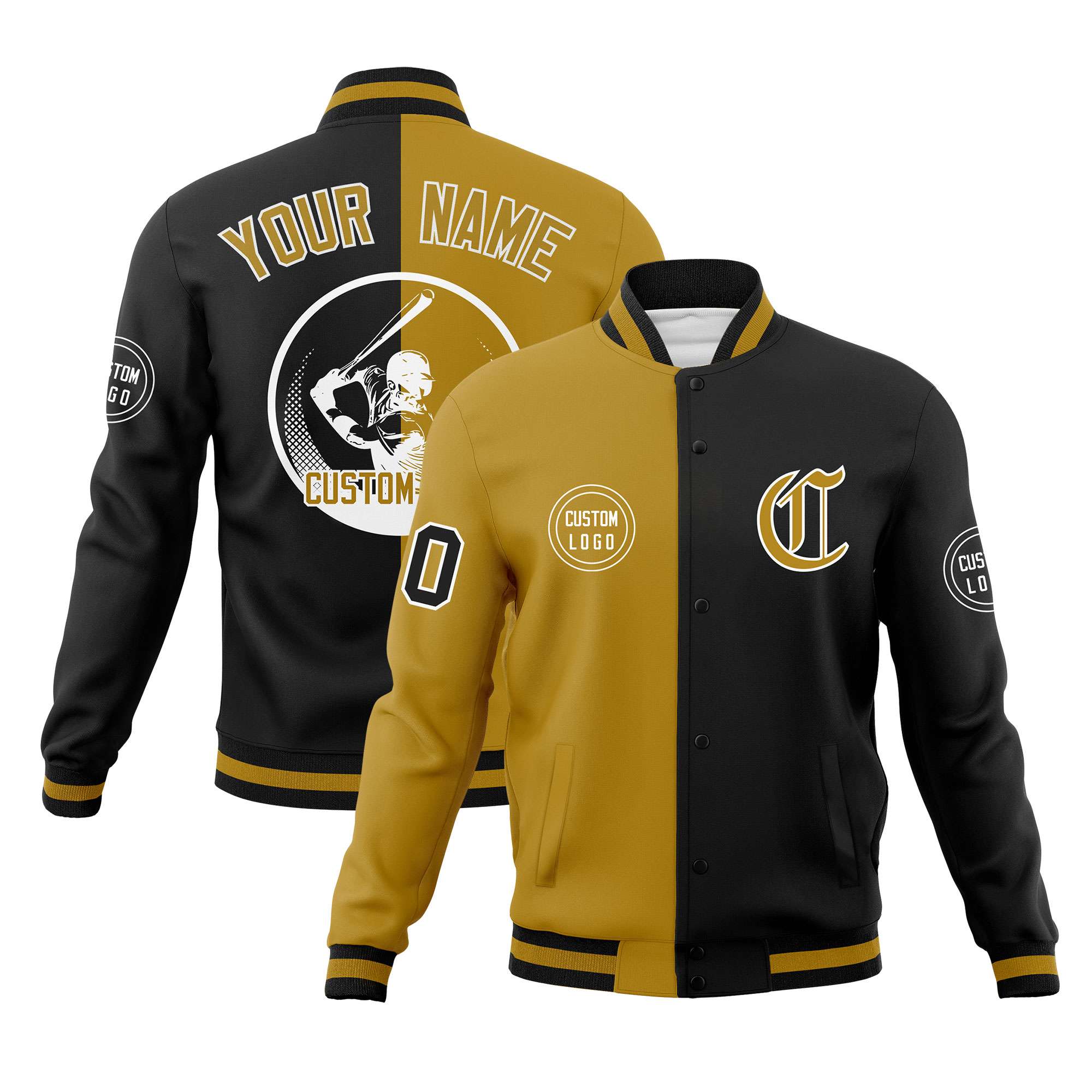 Custom Old Gold Black Varsity Full-Snap Split Letterman Baseball Jacket