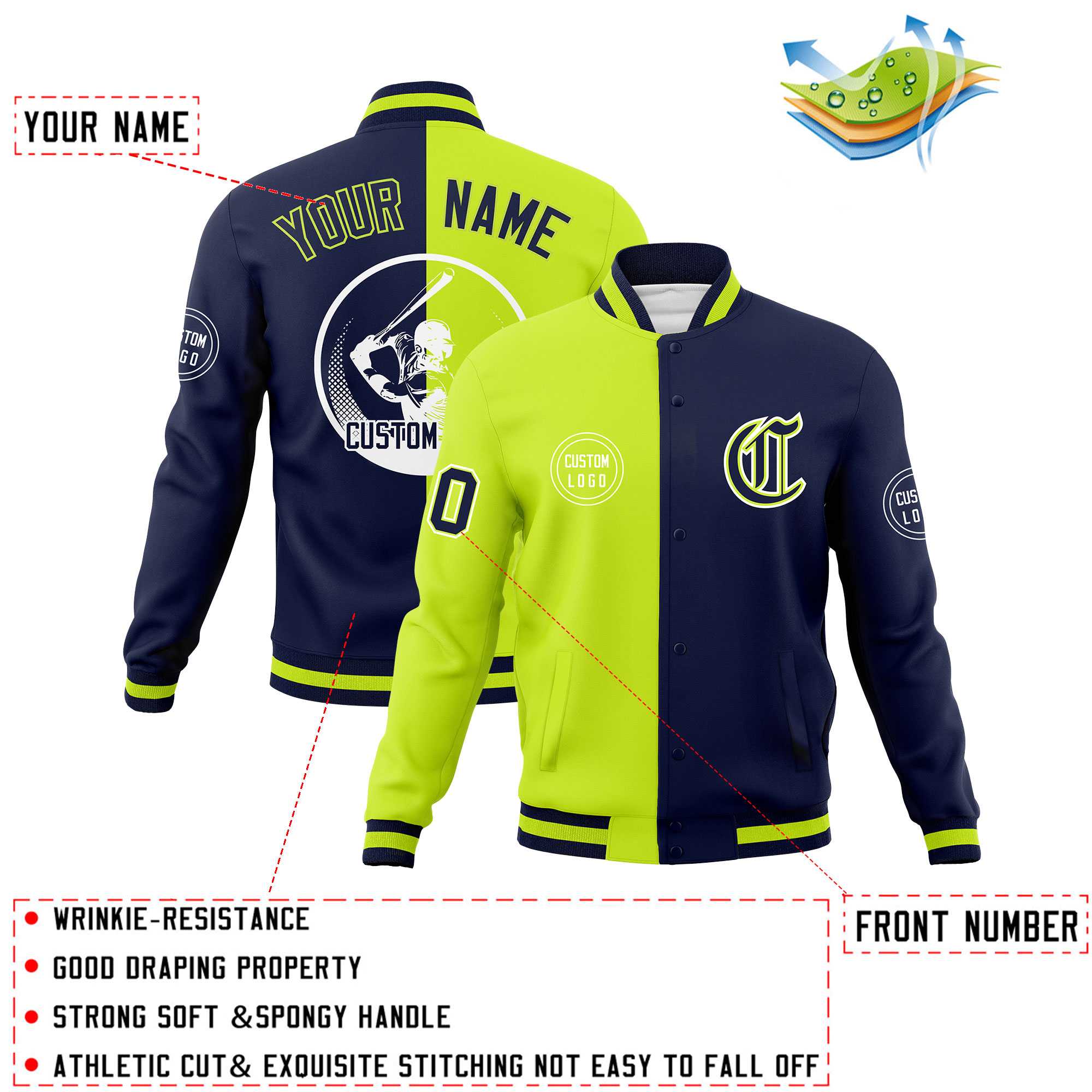 Custom Neon Green Navy Varsity Full-Snap Split Letterman Baseball Jacket