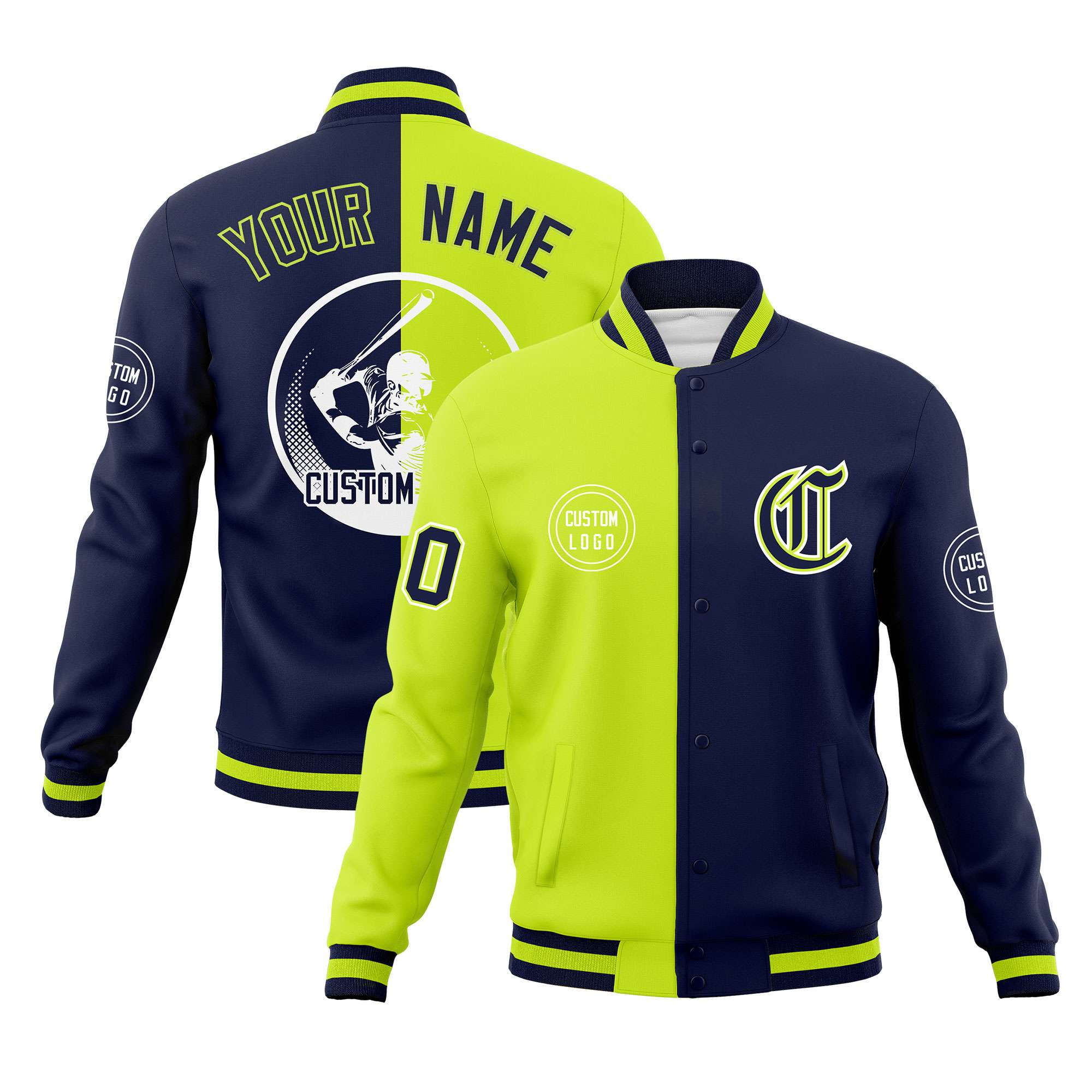 Custom Neon Green Navy Varsity Full-Snap Split Letterman Baseball Jacket