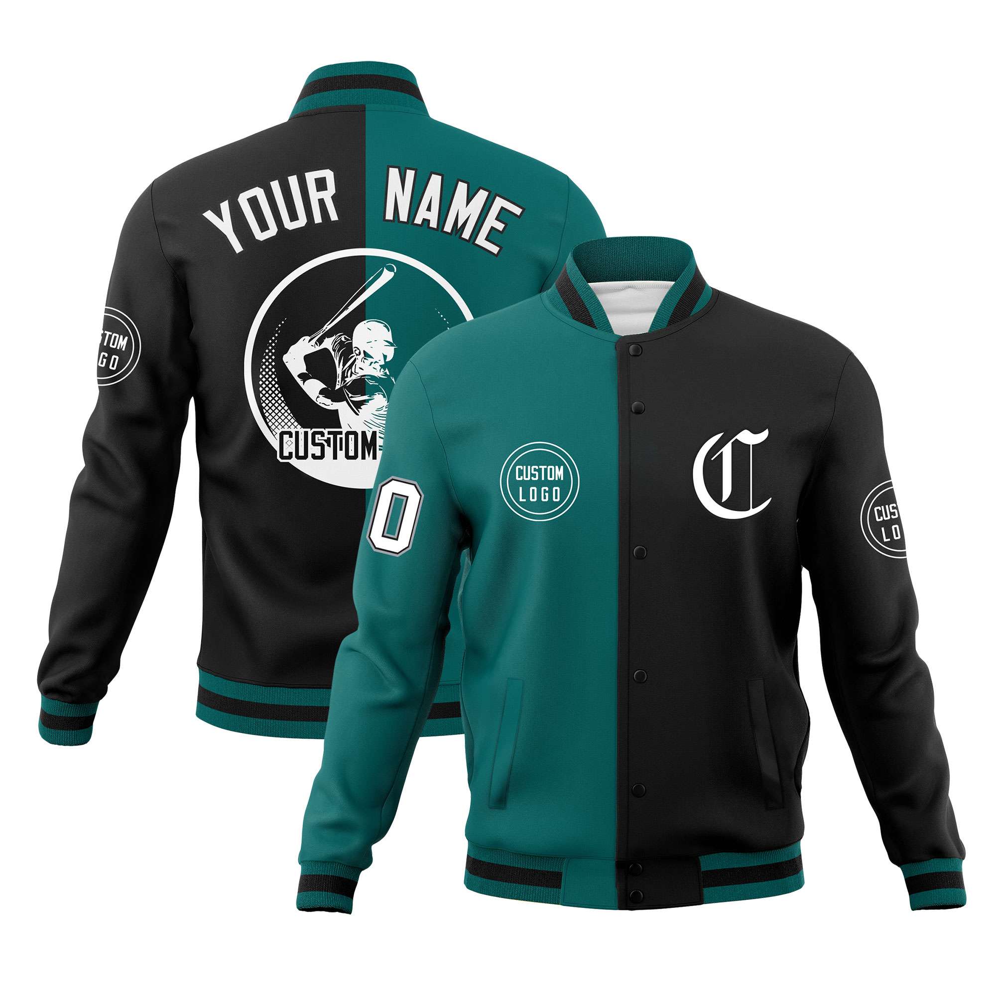 Custom Aqua Black Varsity Full-Snap Split Letterman Baseball Jacket