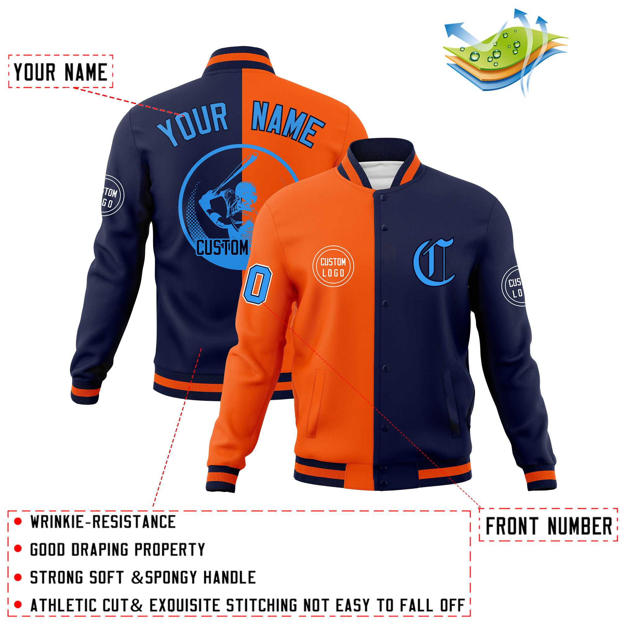 Custom Orange Navy Varsity Full-Snap Split Letterman Baseball Jacket